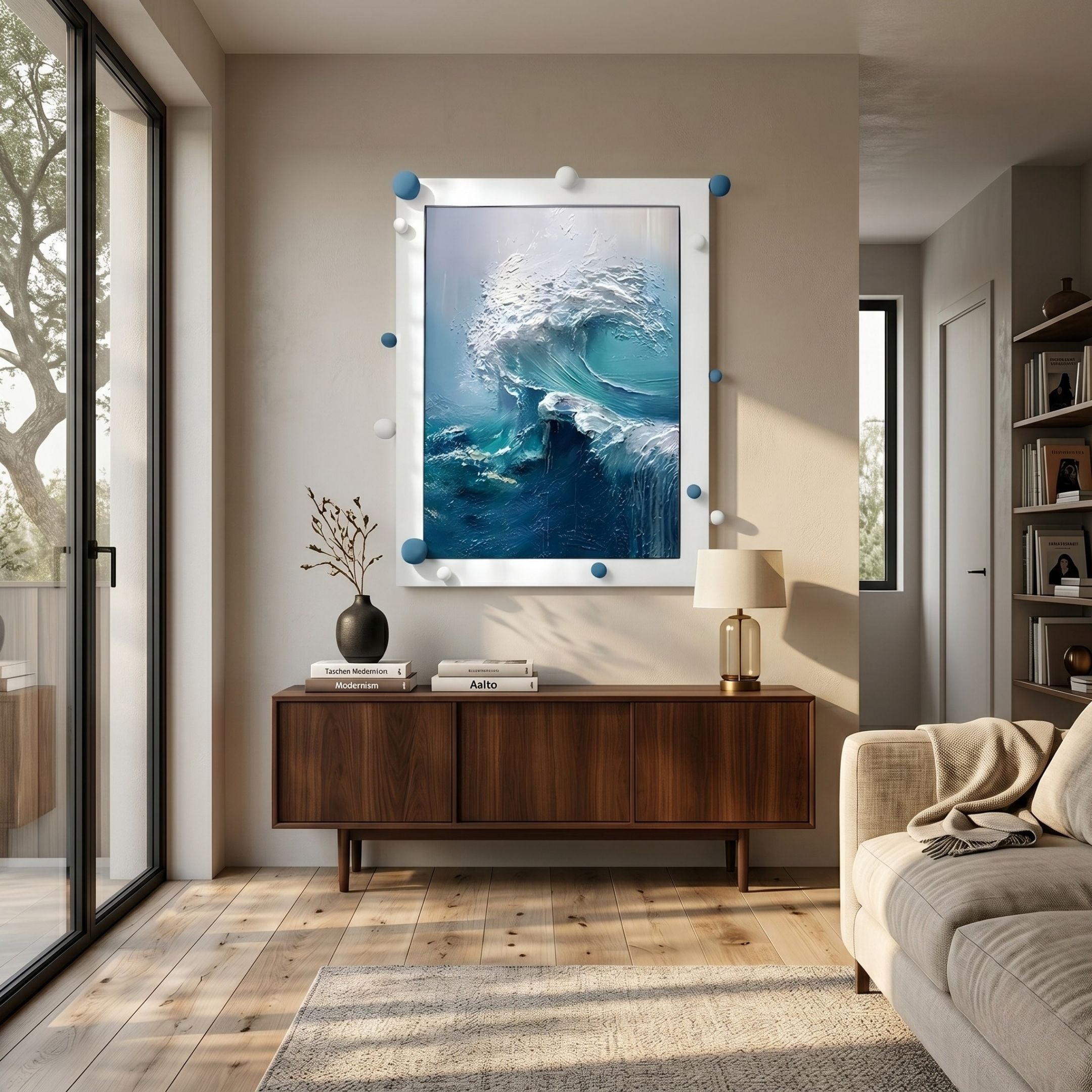 A modern living room showcases the Vivexa Blue Wave Textured Ocean Abstract 3D Wall Art by Giant Sculptures above a wooden console, next to a beige sofa and a large window that brightens the space.