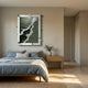 Minimalist bedroom with light wood floors, blue-gray bedding, a wooden nightstand topped with flowers, and the stunning Vivexa Green Shoreline Textured Ocean Abstract 3D Wall Art by Giant Sculptures in a large frame above the bed for a serene coastal vibe.