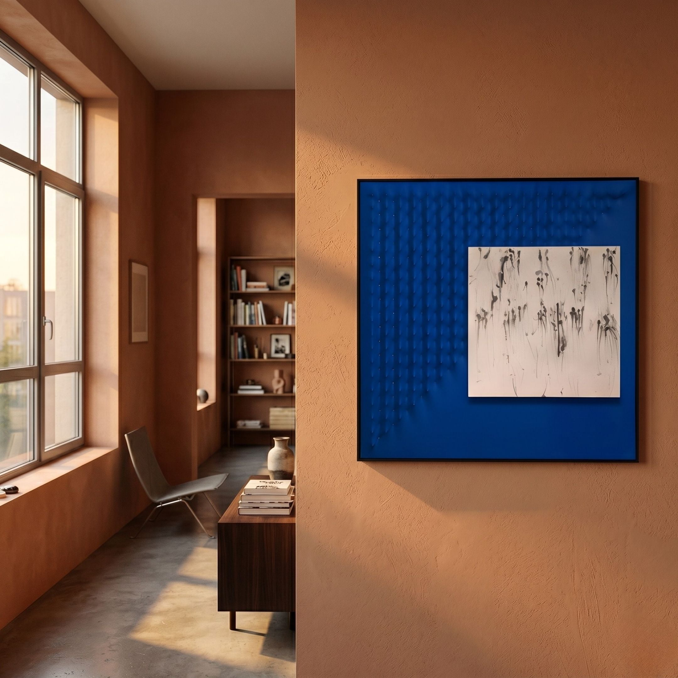 A modern, sunlit room with terracotta walls, large window, minimalist chair and desk, bookcase, and Giant Sculptures’ Loftera Blue Grid Sculpted Fabric & Abstract Canvas 3D Wall Art—a perfect accent for contemporary interiors.