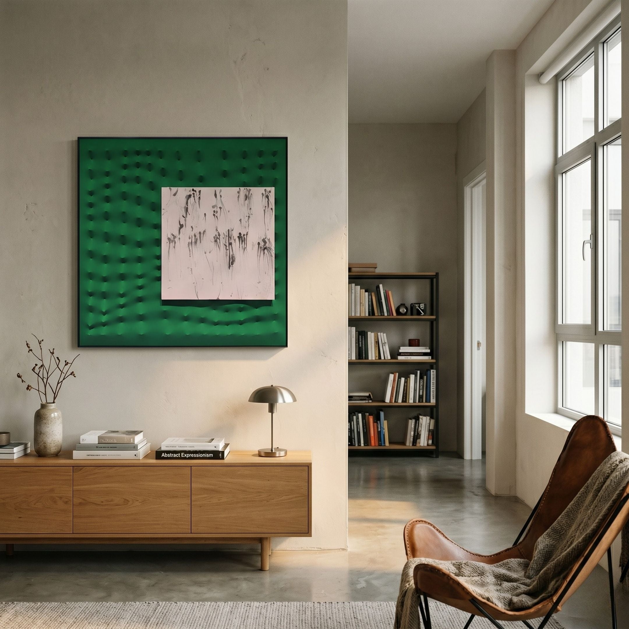 A modern living room featuring a leather chair, wooden sideboard, table lamp, minimalist decor, bookshelves, and large windows is enhanced by the Loftera Green Sculpted Fabric & Abstract Canvas 3D Wall Art by Giant Sculptures for added depth and style.