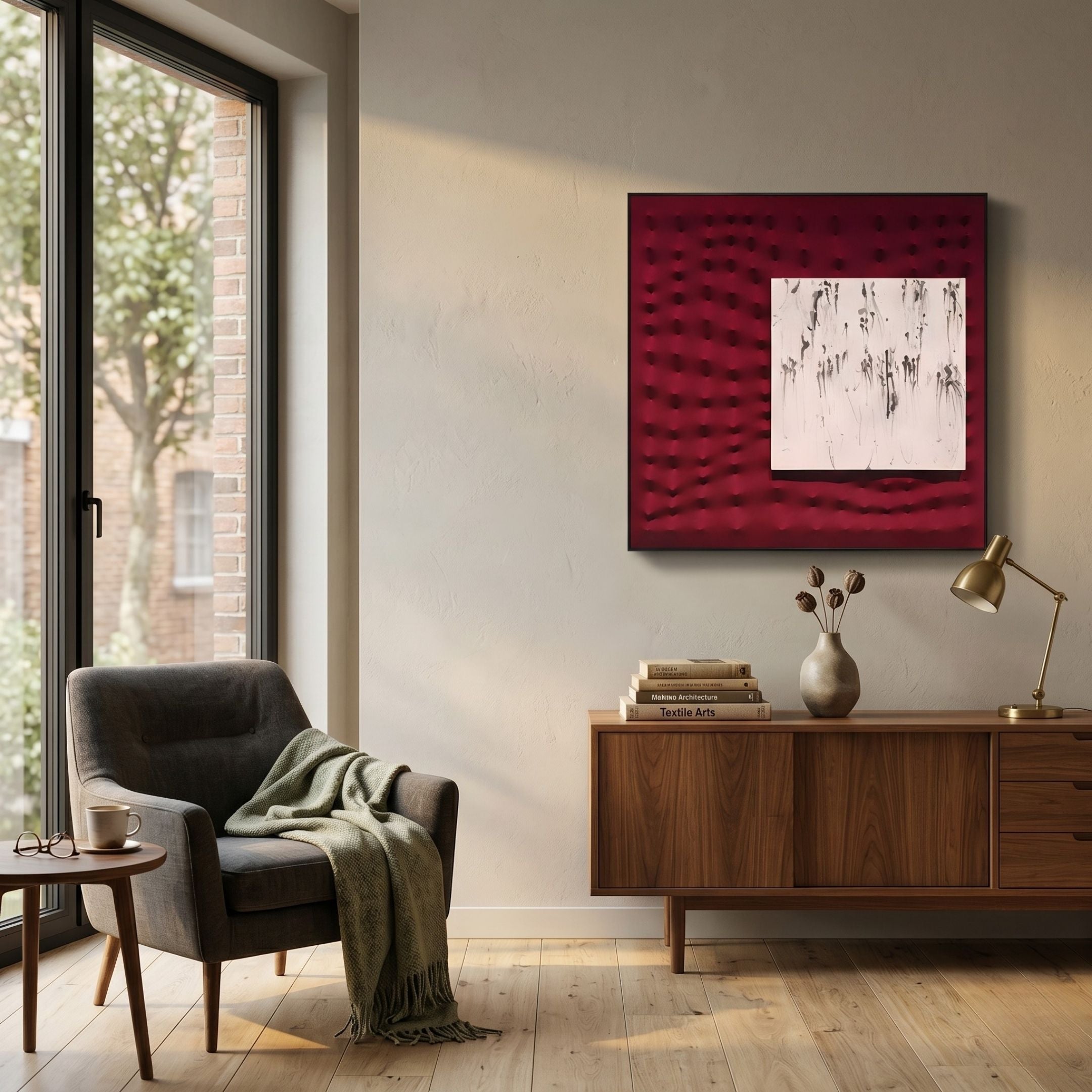 A modern living room with a gray armchair, green throw, wooden sideboard, desk lamp, vase, books, and the Loftera Crimson Sculpted Fabric & Abstract Canvas 3D Wall Art by Giant Sculptures beside a tall window overlooking trees.