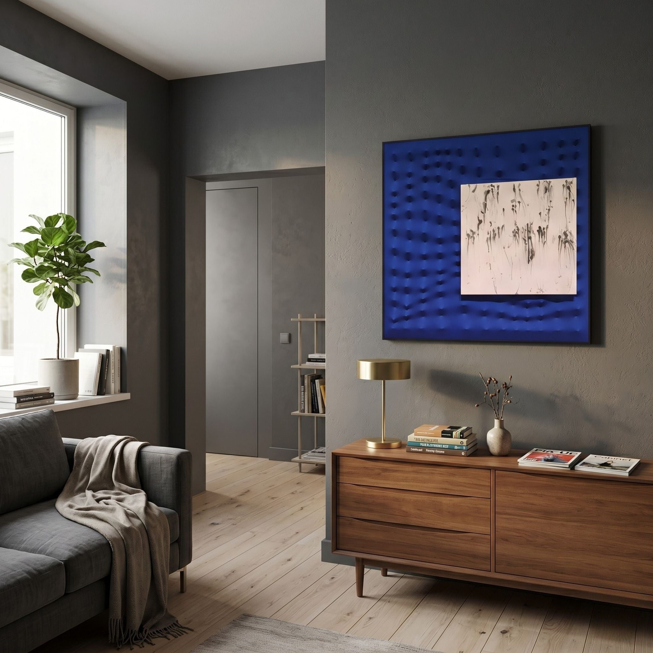 A modern living room with gray walls, a large window, gray sofa, wood floors, sideboard with books and lamp, potted plant, and Giant Sculptures' Loftera Blue Sculpted Fabric & Abstract Canvas 3D Wall Art on the wall.