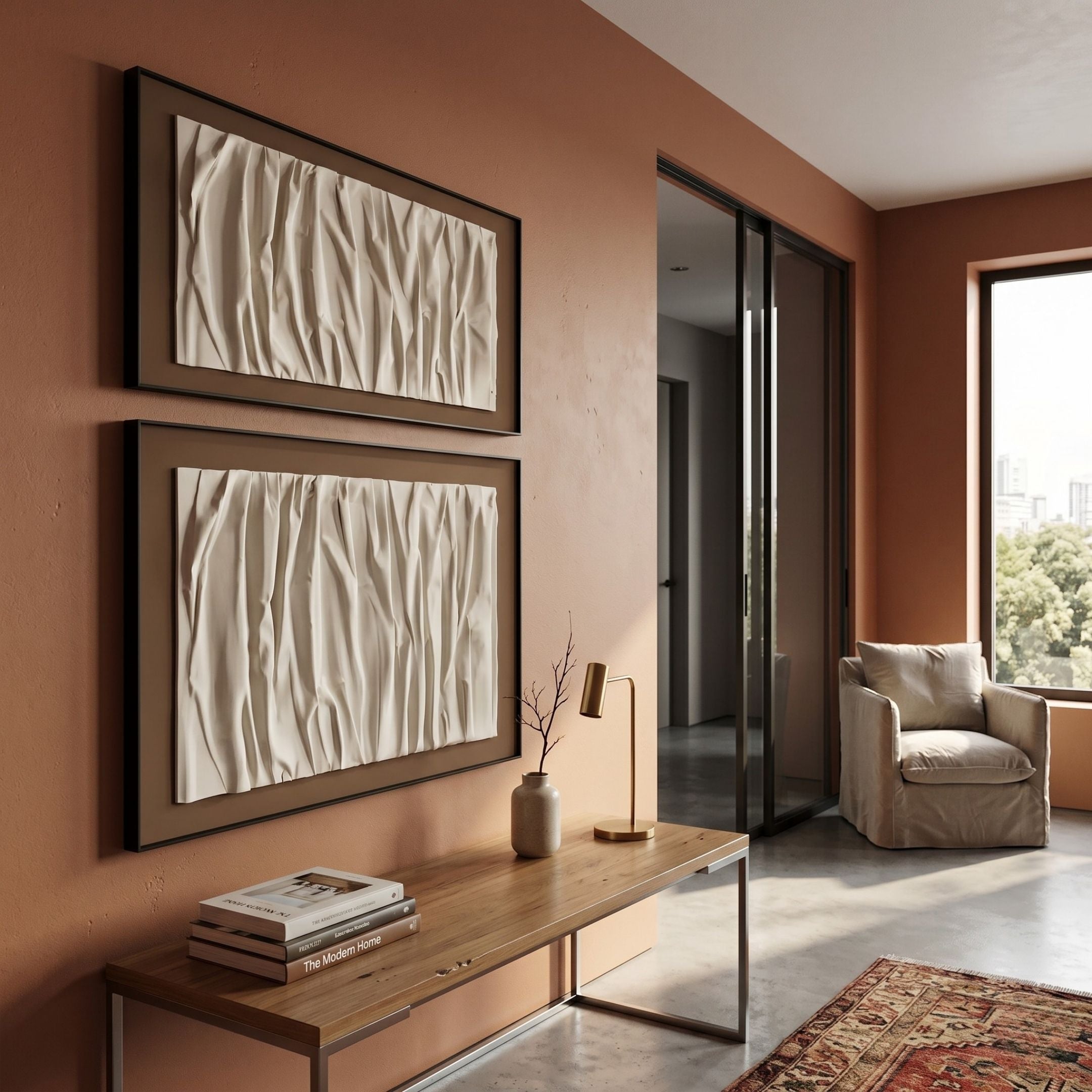 A modern living space with terracotta walls, wabi-sabi decor, two Foldara Cream & Mocha Draped Paper Dual-Panel 3D Wall Art pieces by Giant Sculptures, a wooden console with books and lamp, beige armchair by large windows, and a patterned rug on concrete.
