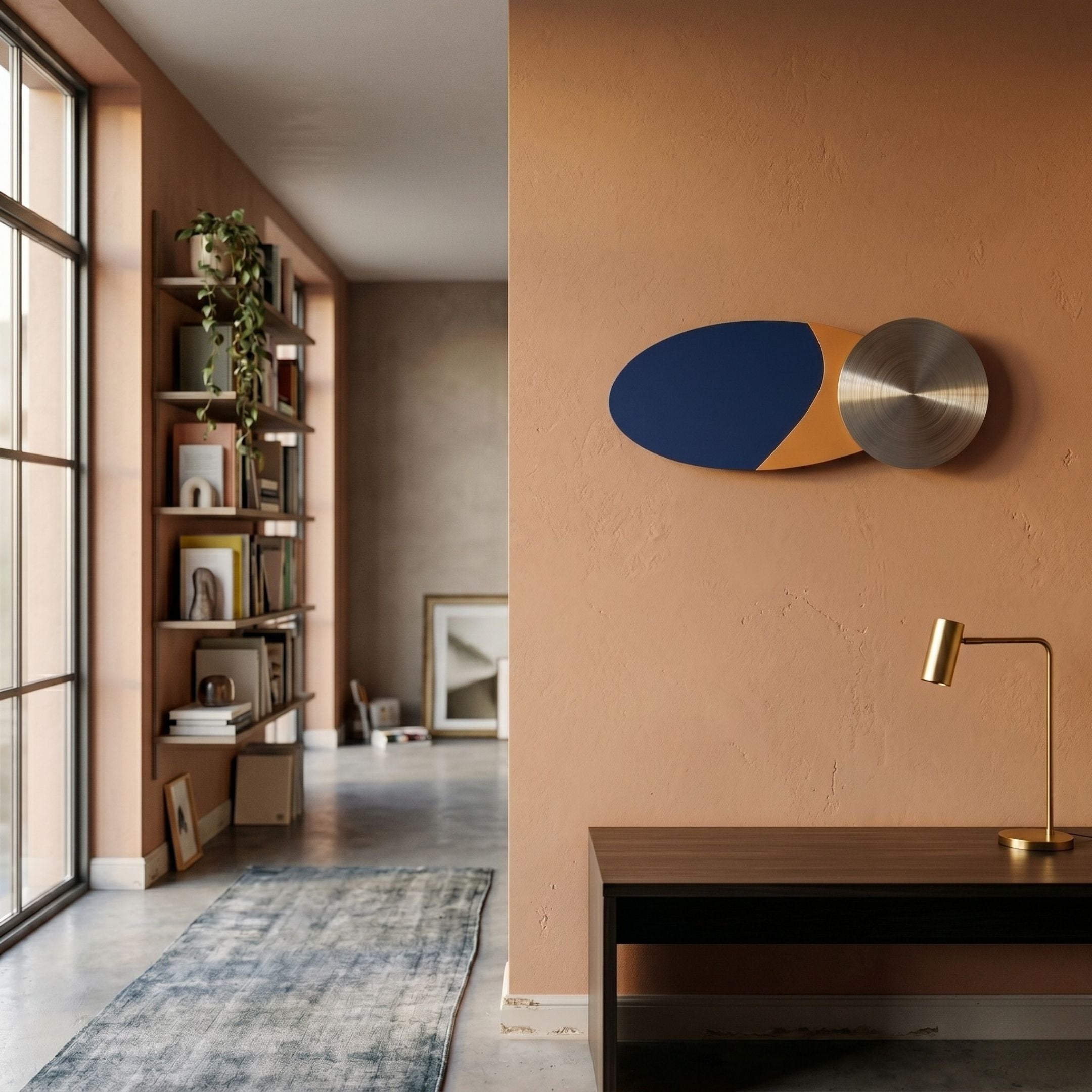 A modern home office with a wooden desk, gold lamp, Giant Sculptures Aurelune Midnight Blue & Tan Silver Metal Disc 3D Wall Art, and a hallway lined with shelves, plants, and framed pictures; sunlight streams through large windows.