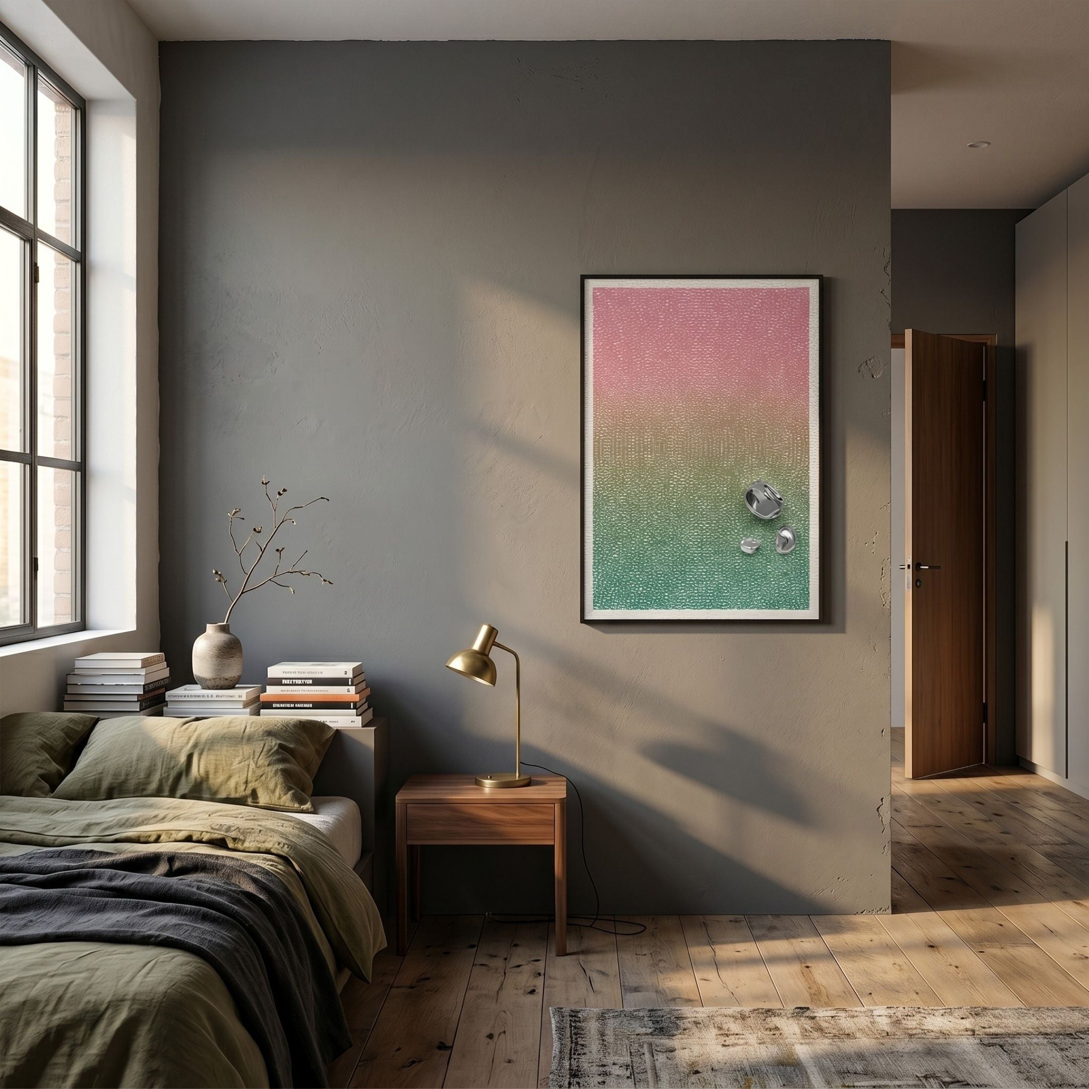 A cozy bedroom features a bed with green and beige bedding, a wooden nightstand with a gold lamp, and Giant Sculptures' Lumevara Rose Green Fade Gradient & Chrome Droplet 3D Wall Art on a gray wall, all bathed in warm sunlight.
