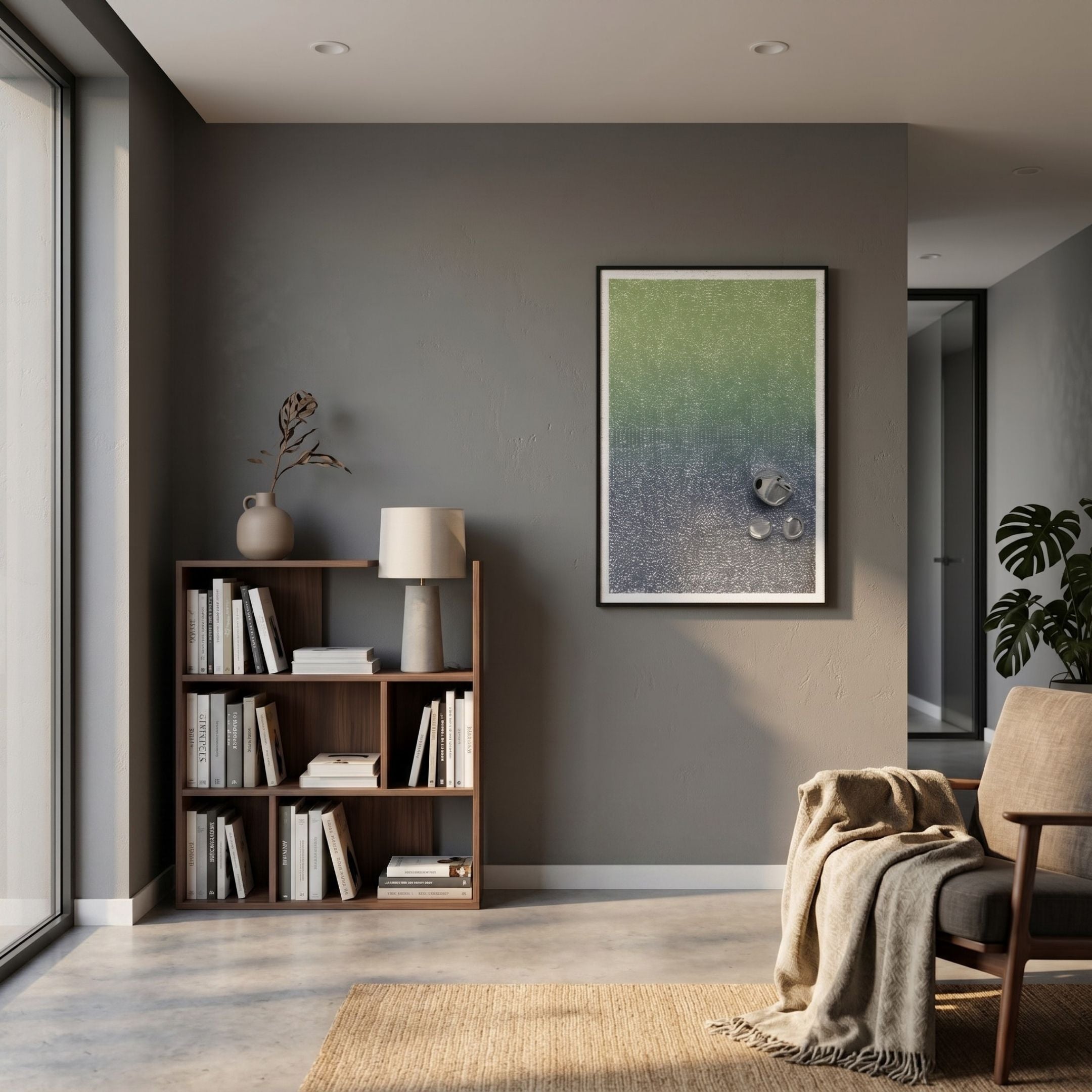 A cozy modern living room with a bookshelf, lamp, vase, beige armchair and blanket, potted plant, and Giant Sculptures’ Lumevara Green Mist Gradient & Chrome Droplet 3D Wall Art on a gray wall near large windows.