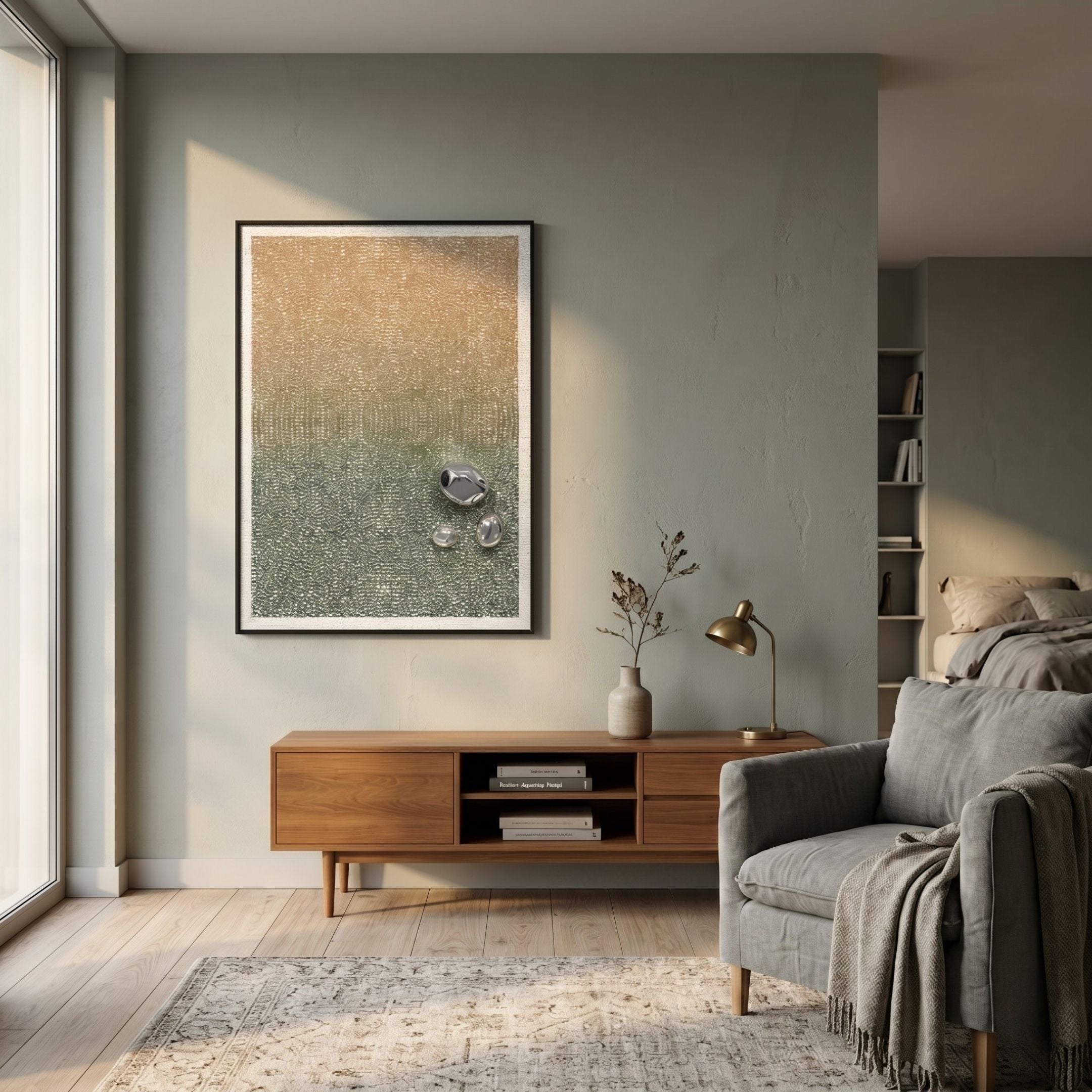 A modern living room with a gray armchair, wooden sideboard, gold lamp, and Giant Sculptures' Lumevara Sandstone Gradient & Chrome Droplet 3D Wall Art on a muted green wall. Sunlight pours through large windows onto a light patterned rug.