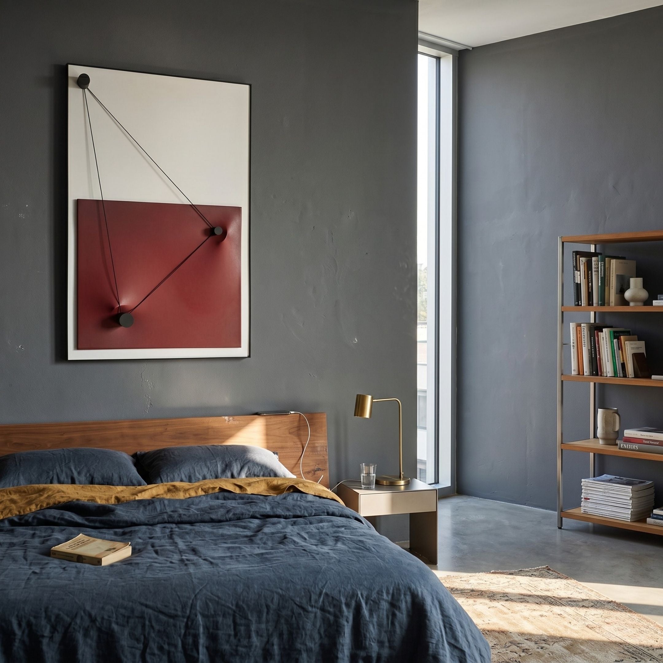 A modern bedroom with gray walls, a wooden bed with blue and mustard bedding, a gold lamp on a nightstand, a bookshelf, and natural light. Above the bed hangs the Linexis Burgundy Geometric Linework 3D Wall Art by Giant Sculptures.