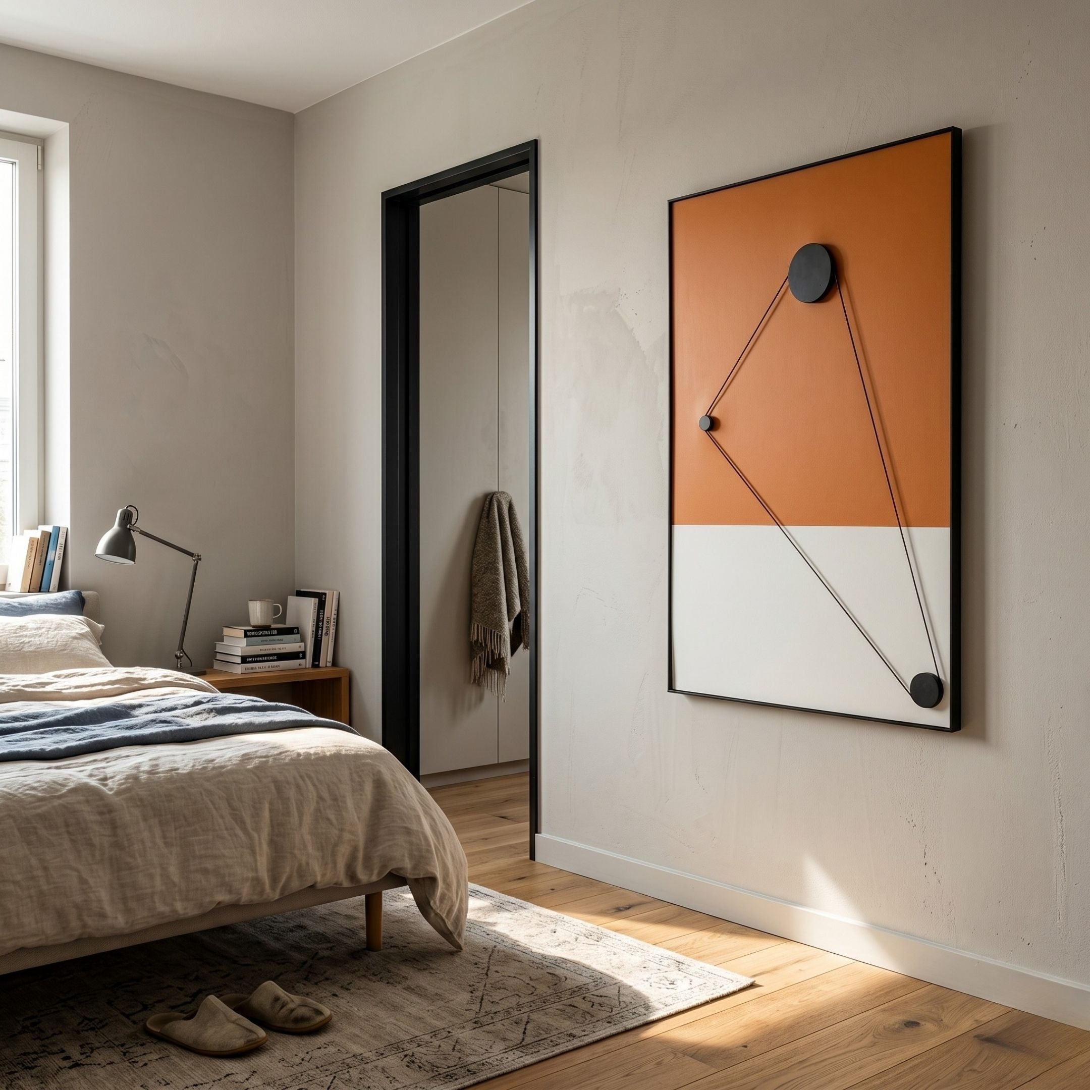 A modern bedroom with a neatly made bed, a small desk by the window, and Giant Sculptures’ Linexis Amber Geometric Linework 3D Wall Art featuring black lines and circles on an orange and white background. The wooden floor has a patterned rug.