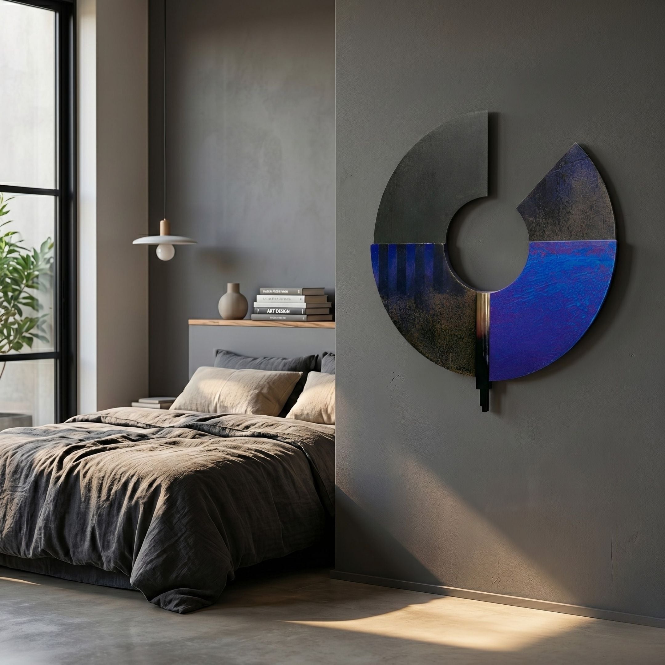 A modern bedroom features gray bedding, sunlight streaming in, and a shelf with books and a plant. The highlight is the Vortaryn Midnight Blue & Grey Circle Sculptural 3D Wall Art by Giant Sculptures on the wall.