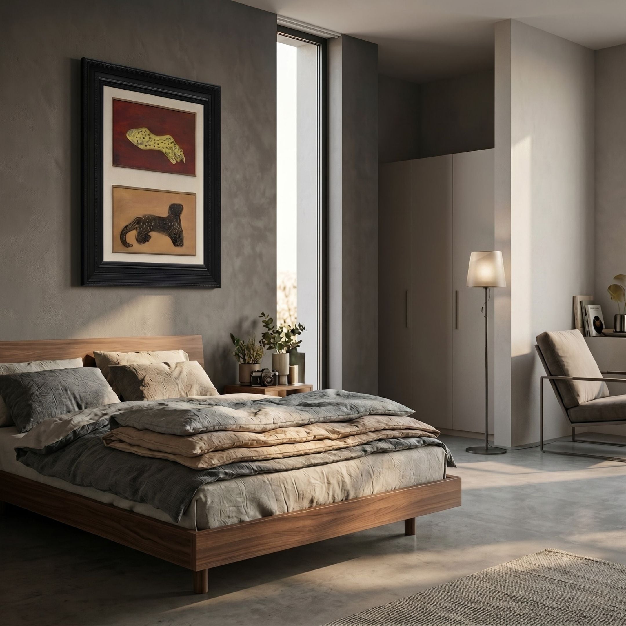 A modern, minimalist bedroom features a wooden bed with gray bedding and the Kansora Leopard Emblem 2-Set Framed Wall Art by Giant Sculptures above, plus a floor lamp and cozy chair by the window. Neutral tones and natural light highlight the space.