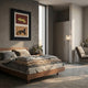 A modern, minimalist bedroom features a wooden bed with gray bedding and the Kansora Leopard Emblem 2-Set Framed Wall Art by Giant Sculptures above, plus a floor lamp and cozy chair by the window. Neutral tones and natural light highlight the space.