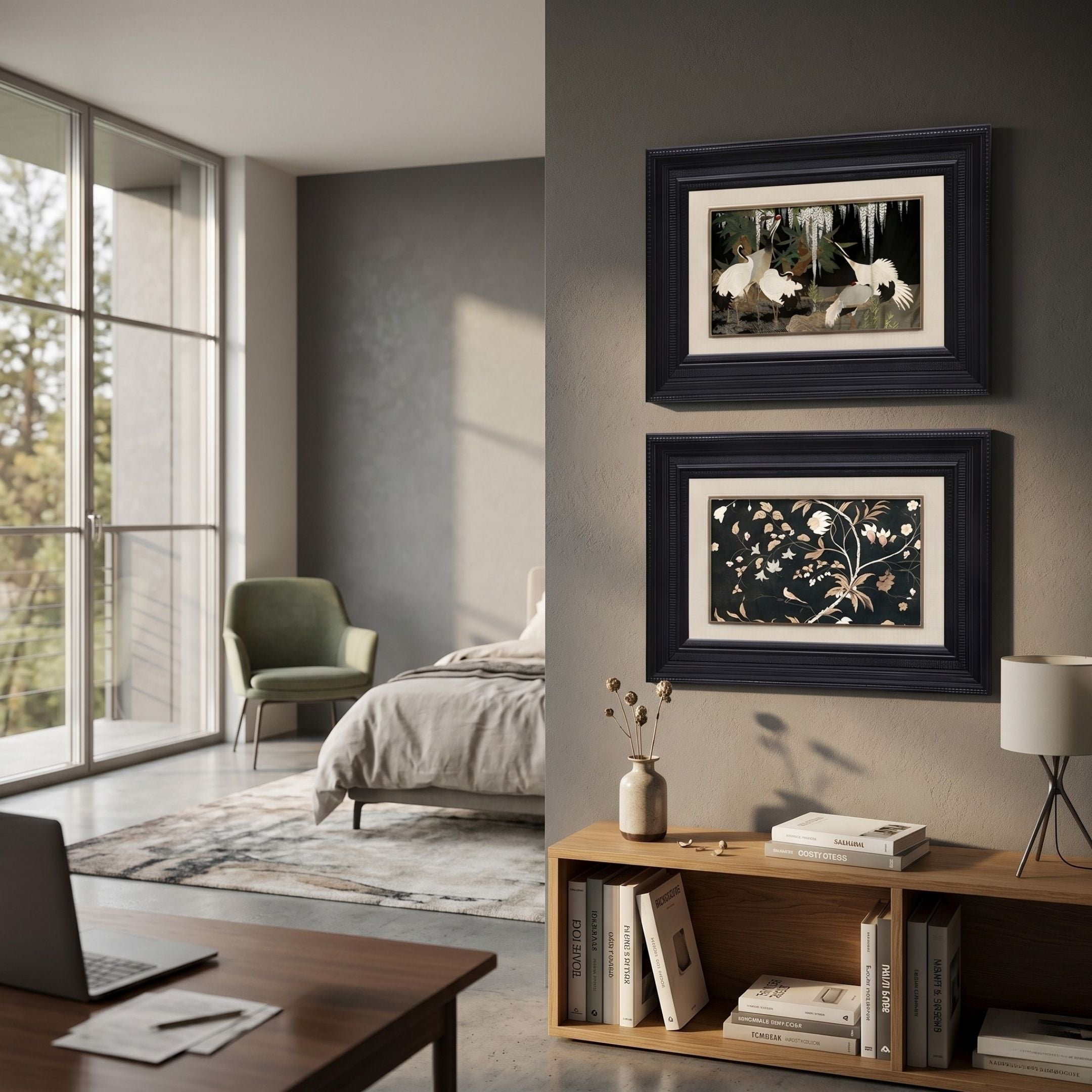 A modern bedroom with large windows, a green chair, and a tidy bed features the Kansora Woodland & Floral Nature 2-Set Framed Wall Art by Giant Sculptures above a wooden shelf holding books, a lamp, and vases.