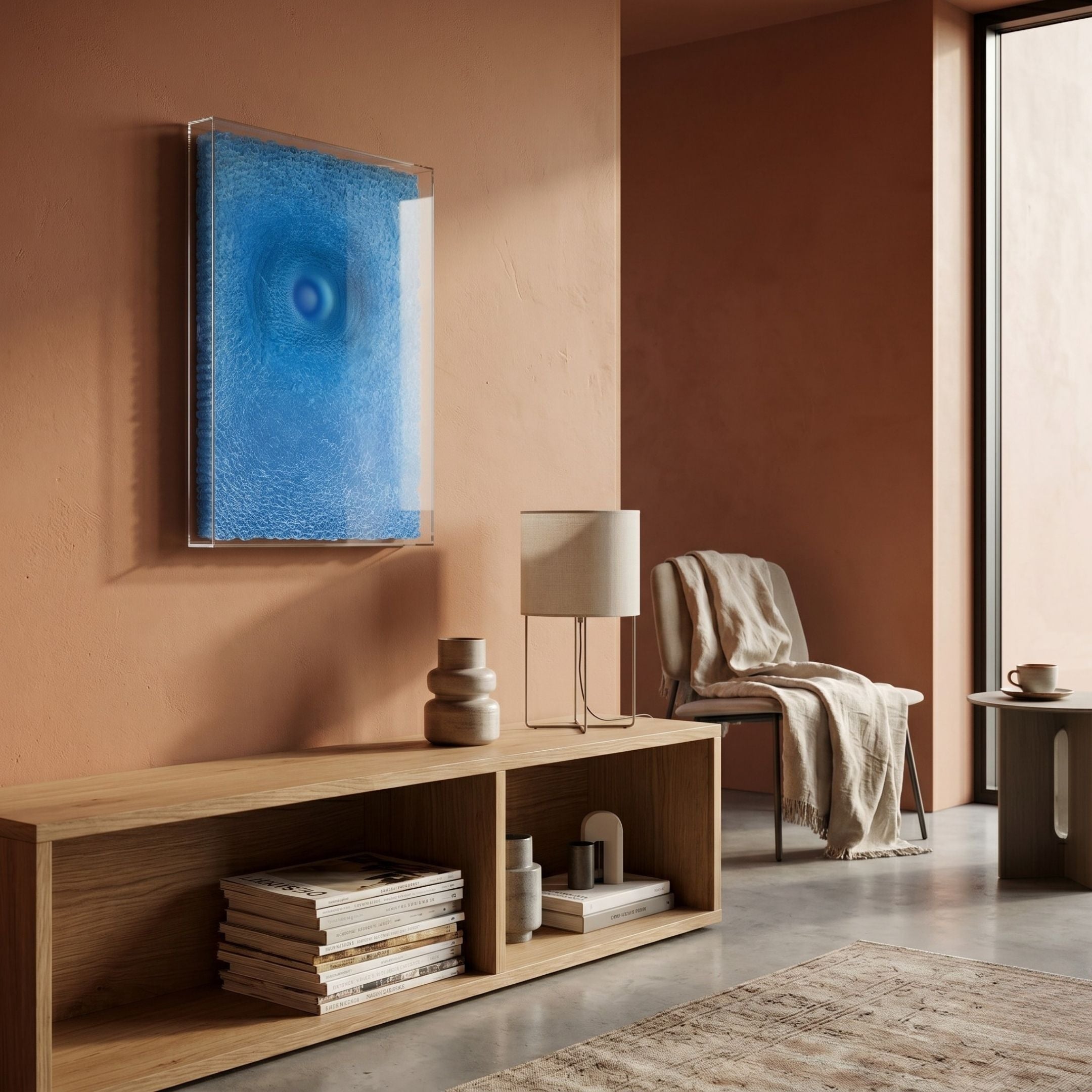 A modern living room with peach walls features a wooden console topped with books and decor, a lamp, a chair with a beige blanket, and Giant Sculptures’ Lumora Deep Blue Acrylic Framed 3D Paper Wall Art above. Sunlight fills the space through large windows.