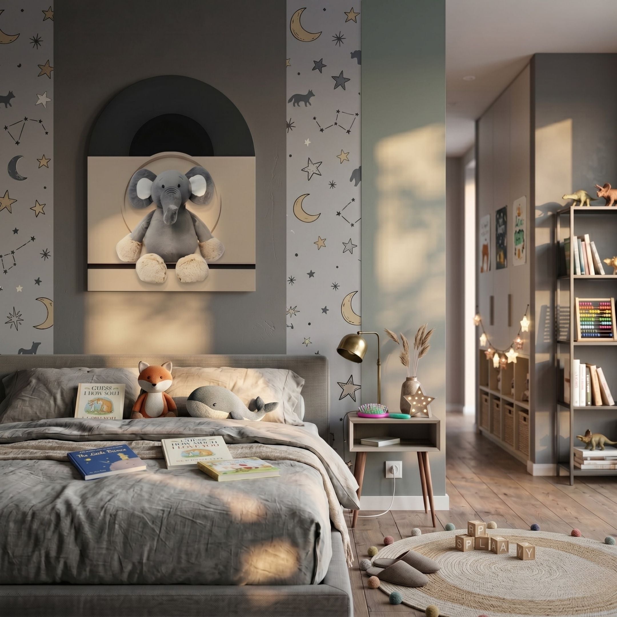A cozy, sunlit children's bedroom features moon and star wallpaper, a bed of plush toys and books, the Giant Sculptures Cuddiloft Elephant Plush Display 3D Wall Art, a framed elephant picture, bookshelves, and soft decorative hallway lights.