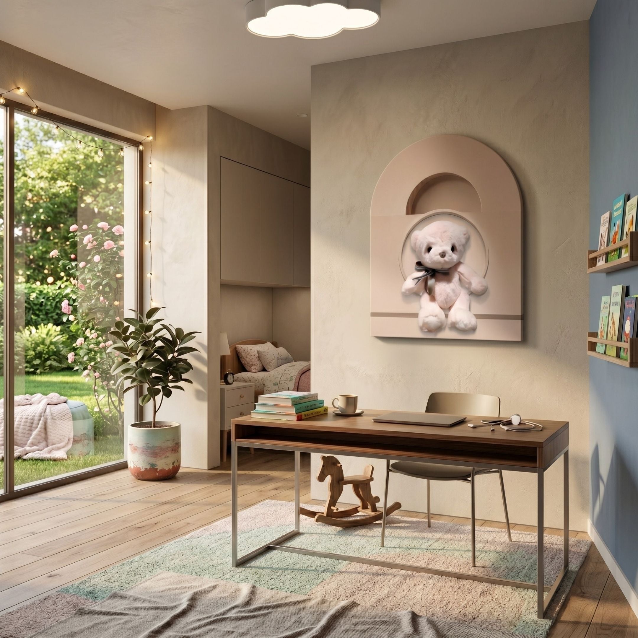 A cozy home office features a wooden desk, rocking horse, books, and the Cuddiloft Blush Bear Plush Display 3D Wall Art by Giant Sculptures. A large window overlooks the garden, with a cushioned nook and string lights beside playful nursery decor.