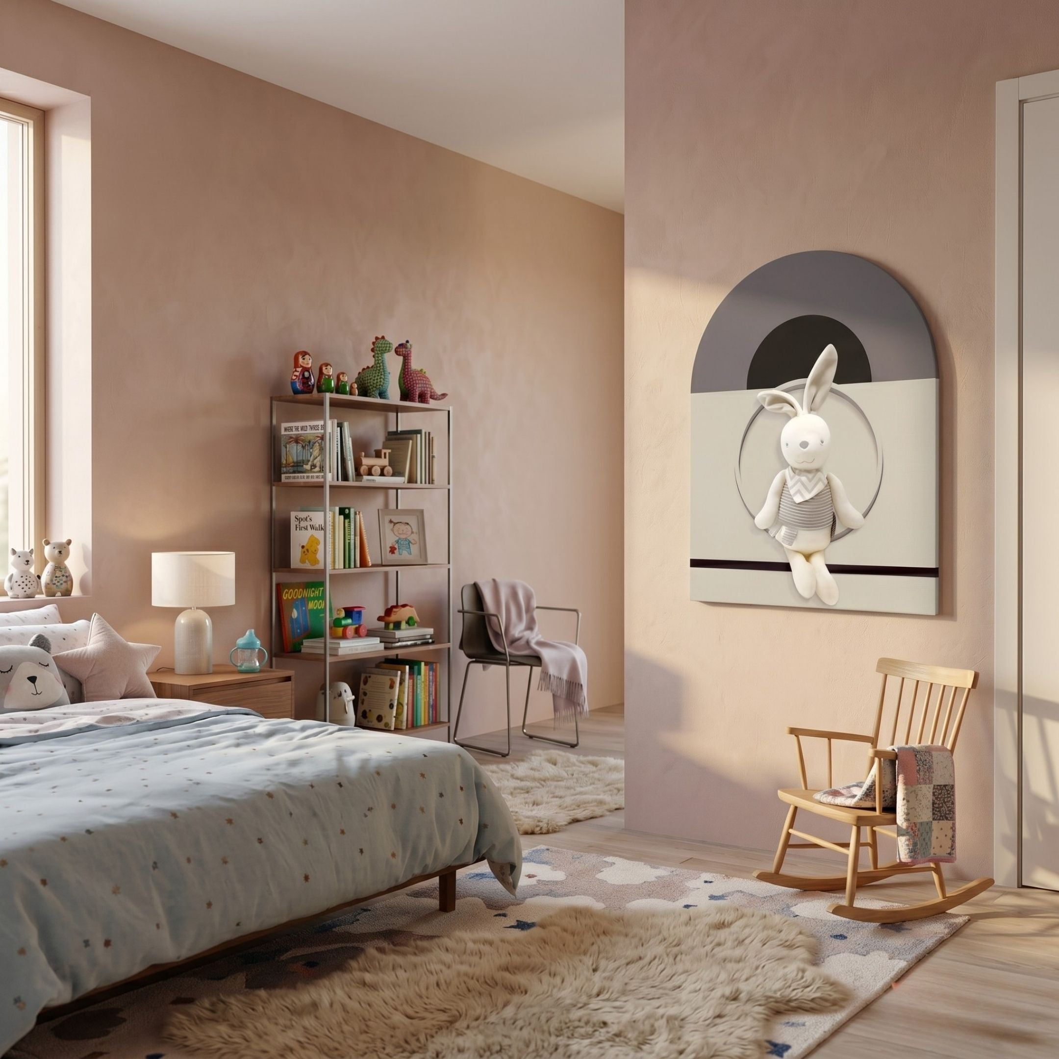 A cozy, modern kids’ bedroom features pink walls, star-patterned bedding, a bookshelf with toys and books, a small wooden rocking chair, and adorable Cuddiloft Cream Bunny Plush Display 3D Wall Art by Giant Sculptures. Sunlight streams in through a large window.