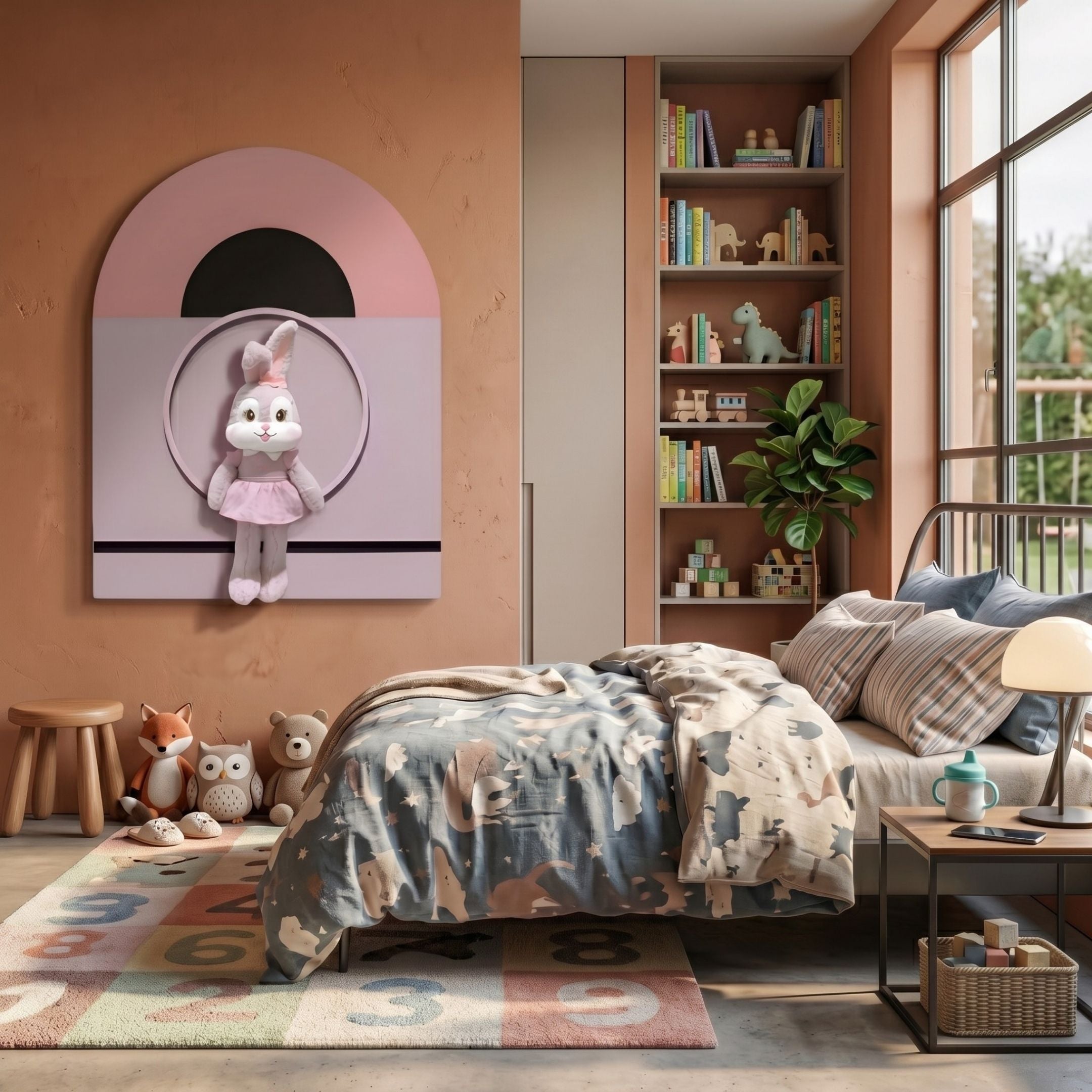 A cozy kids’ room with pastel colors, animal decor, plush toys, a patterned bed, bookshelf, and Giant Sculptures’ Cuddiloft Pink Bunny Plush Display 3D Wall Art—perfect for girls’ bedroom decor.