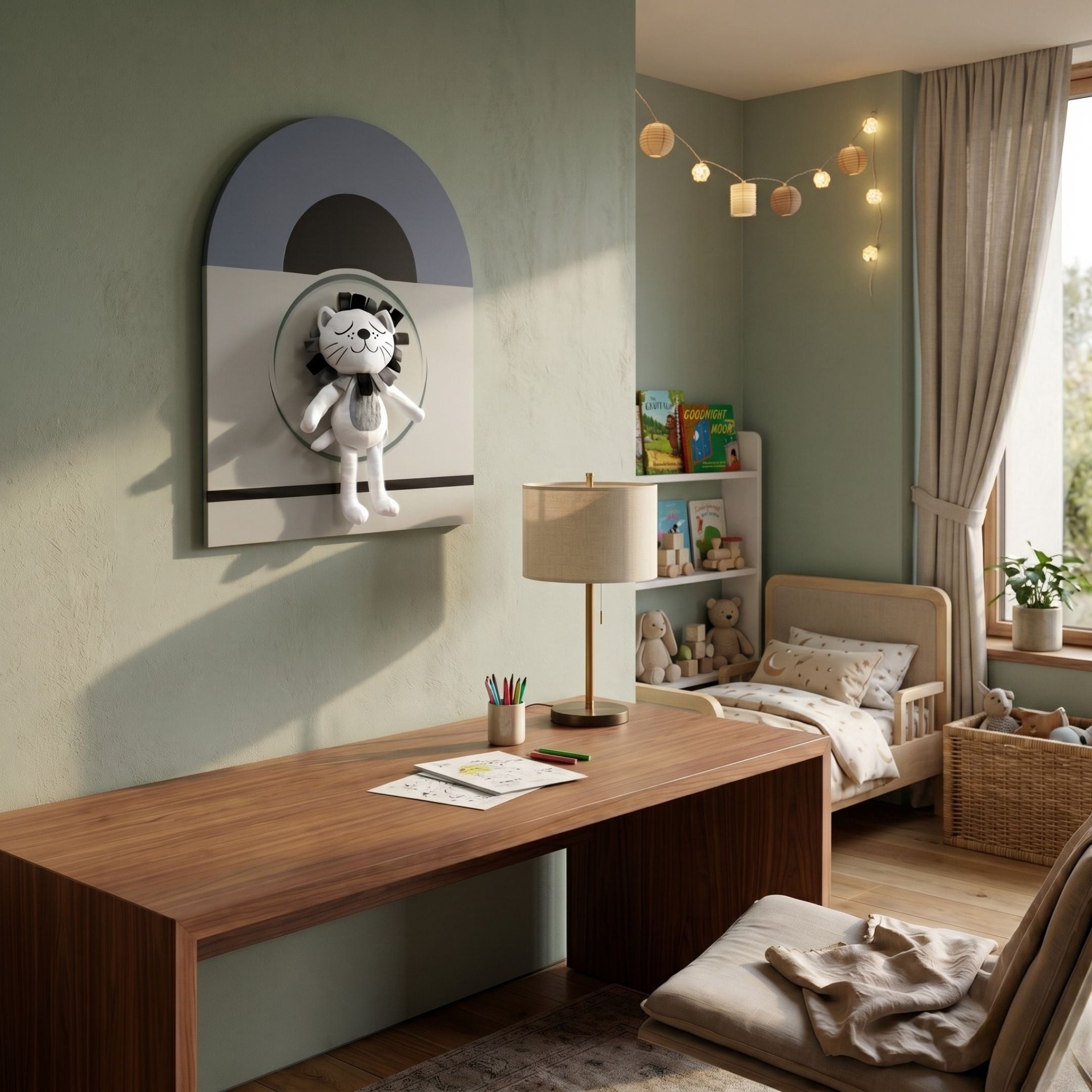 A cozy kids' room with a wooden desk, art supplies, soft chair, and decor featuring the Giant Sculptures Cuddiloft Grey Lion Plush Display 3D Wall Art, plus a small bed, bookshelf with toys and books, and glowing string lights.