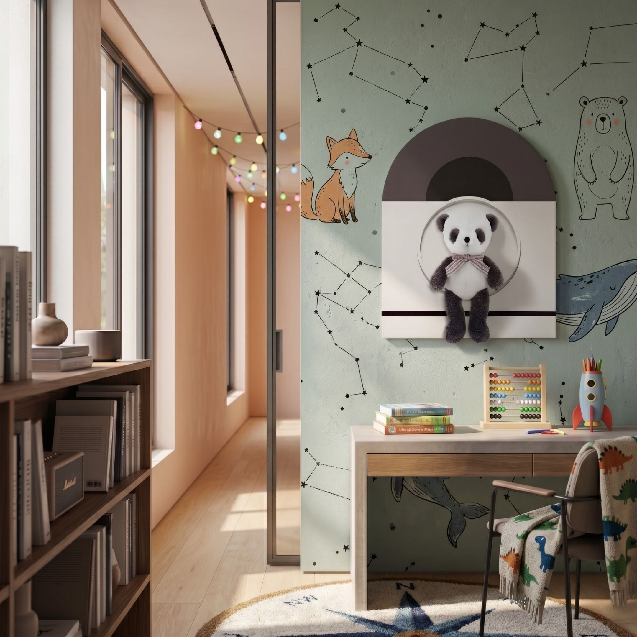 A cozy kids’ study area with a desk, chair, bookshelves, and the Cuddiloft Cream Bunny Plush Display 3D Wall Art by Giant Sculptures. The wall features constellation drawings and animal illustrations like a fox and whale—perfect nursery decor.