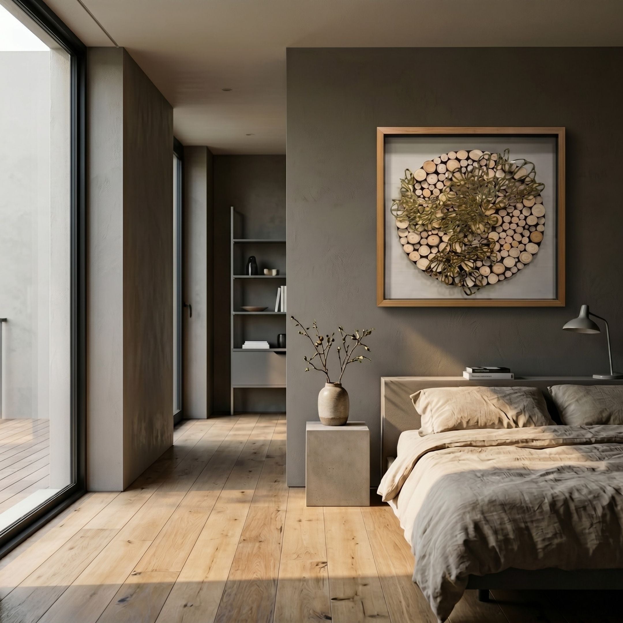 A modern bedroom with wooden floors, neutral bedding, large windows, a minimalist vase with branches, and the Arborique Radiant Bloom Gold Steel & Wood 3D Wall Art by Giant Sculptures above the bed. Natural light brightens the cozy space.