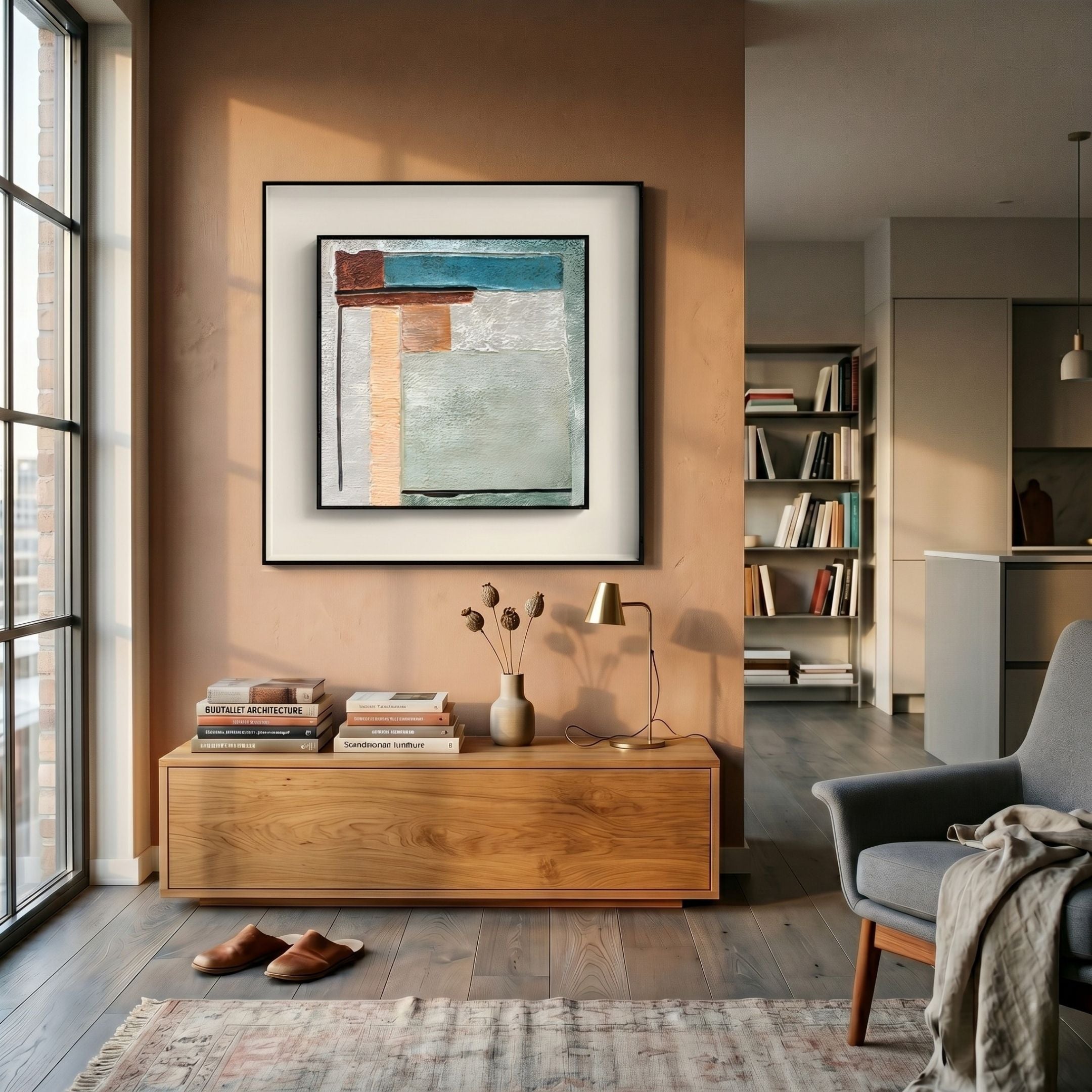 A modern living room features the Terralume Teal & Neutral Block Textured Framed Wall Art by Giant Sculptures on a peach wall, alongside a wooden bench, books, lamp, dried flowers, cozy chair, rug, bookshelf, and sun-filled windows.