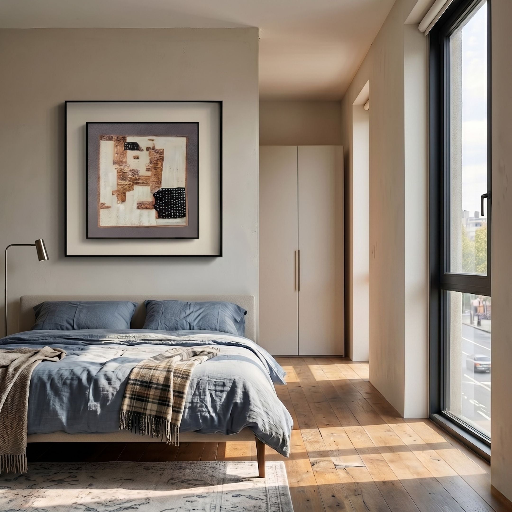 A modern bedroom with a neatly made bed, blue bedding, a plaid throw, bedside lamp, large windows, wooden floors, wardrobe, and Giant Sculptures’ Terralume Mixed Abstract Textured Framed Wall Art above the bed.