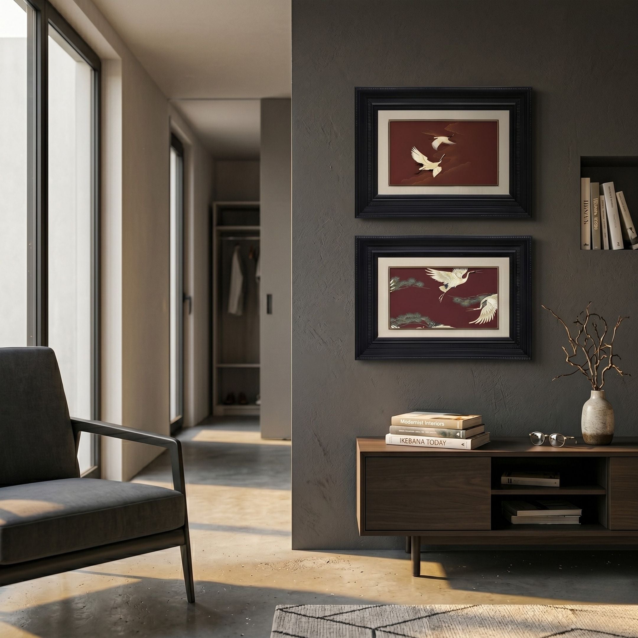 Kansora Heritage Crane Flight 2-Set Framed Wall Art by Giant Sculptures, white cranes on oxblood red in black frames, displayed above a walnut console.