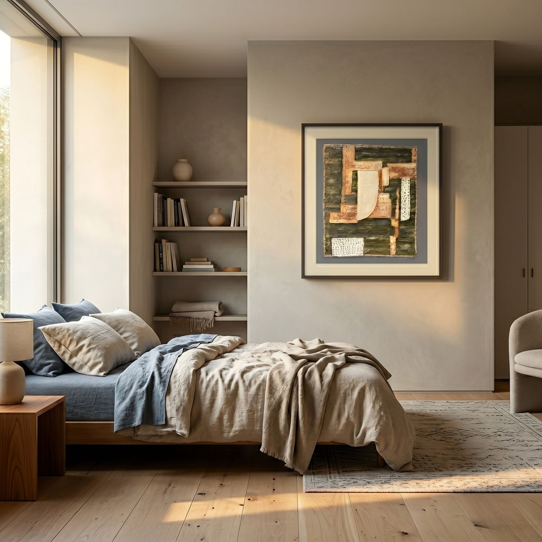 Terralume Rustic Olive & Sand Textured Framed Wall Art by Giant Sculptures hung above a linen-dressed bed in a sunlit bedroom with built-in shelves.