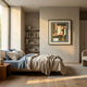 Terralume Rustic Olive & Sand Textured Framed Wall Art by Giant Sculptures hung above a linen-dressed bed in a sunlit bedroom with built-in shelves.