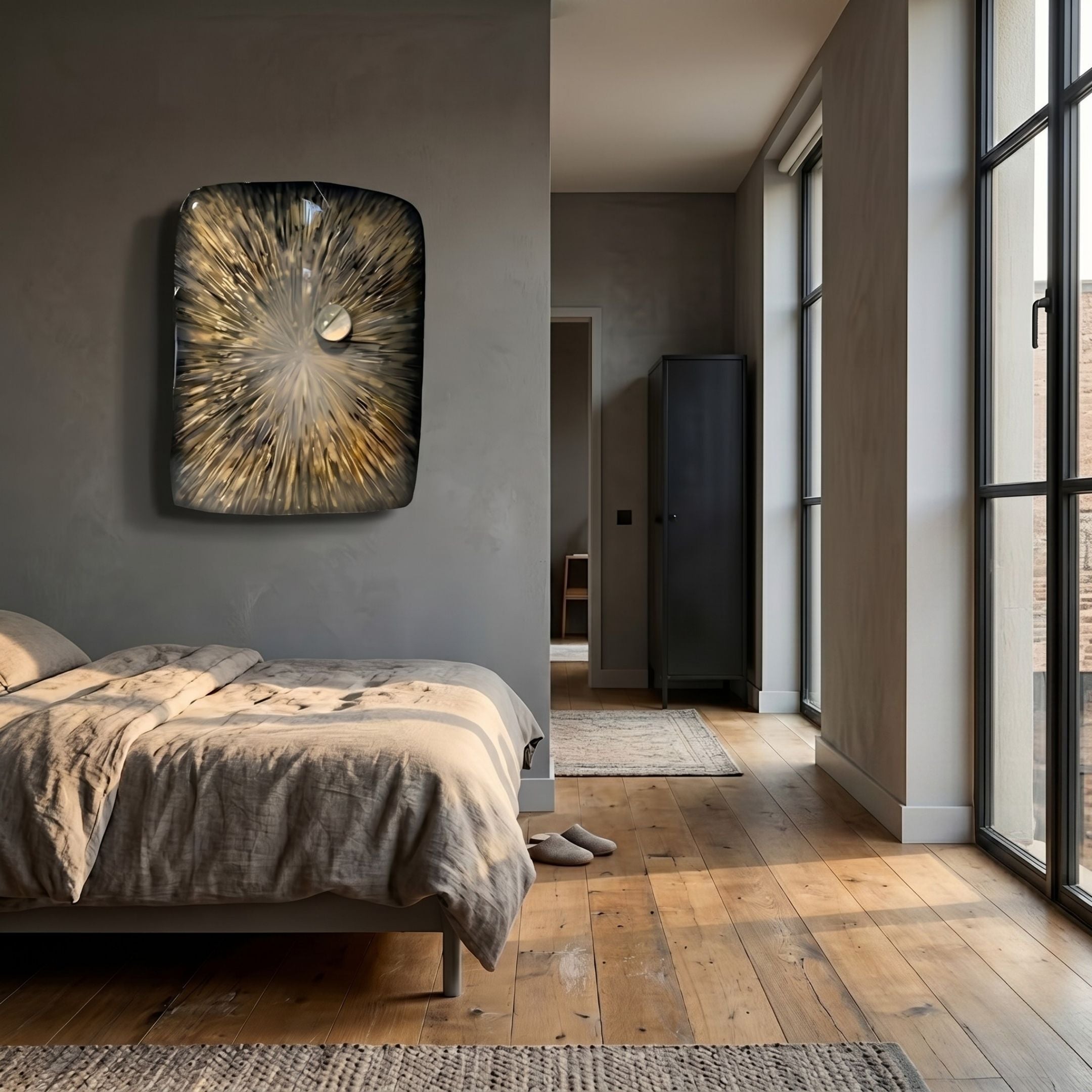 Solarien Aureate Burst Sculptural 3D Wall Art by Giant Sculptures mounted above a linen-dressed bed in a grey bedroom with wood floors and tall windows.
