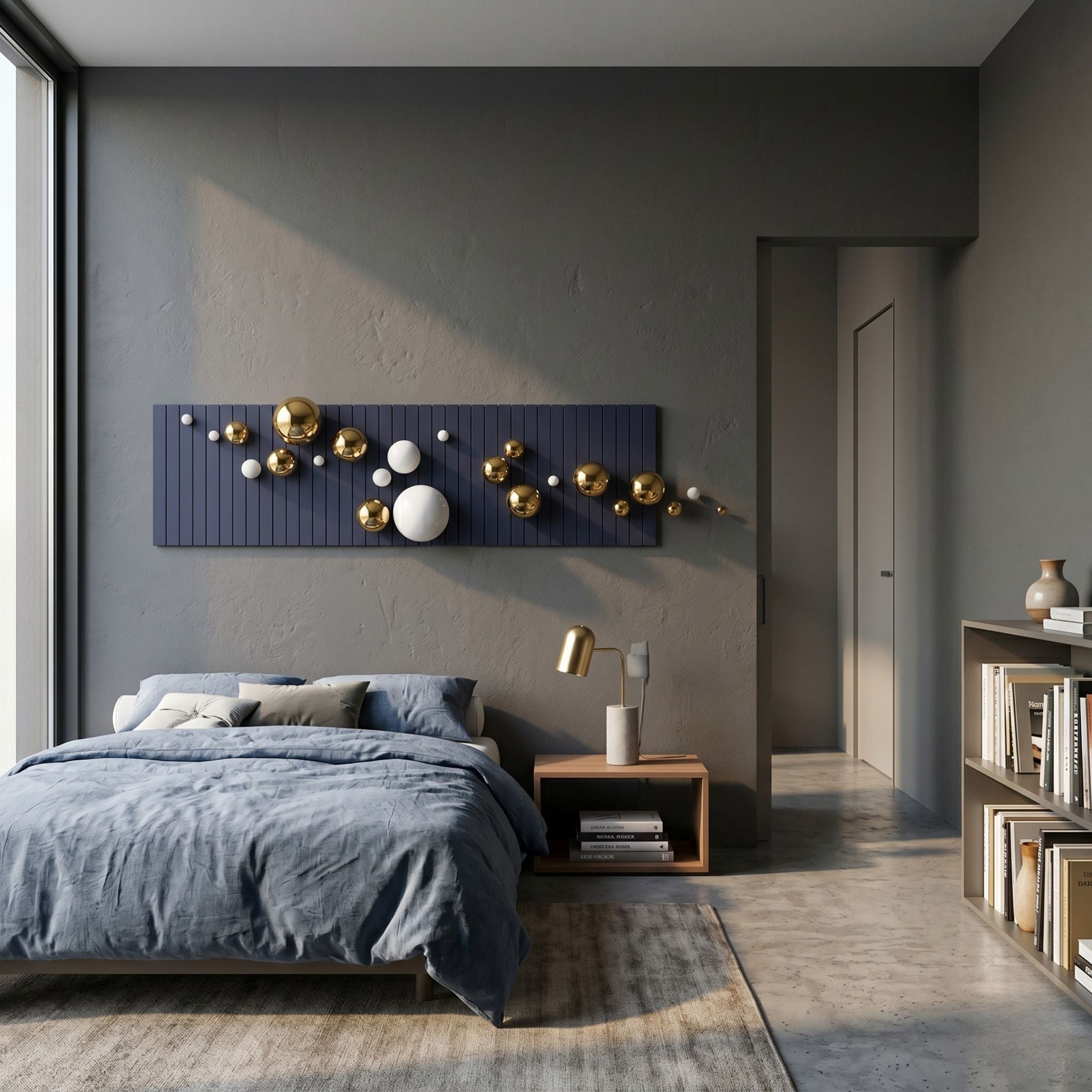 Orbivance Navy, Gold & White Sphere Panel 3D Wall Art by Giant Sculptures mounted above a blue-linen bed in a grey-walled bedroom with bookshelves.