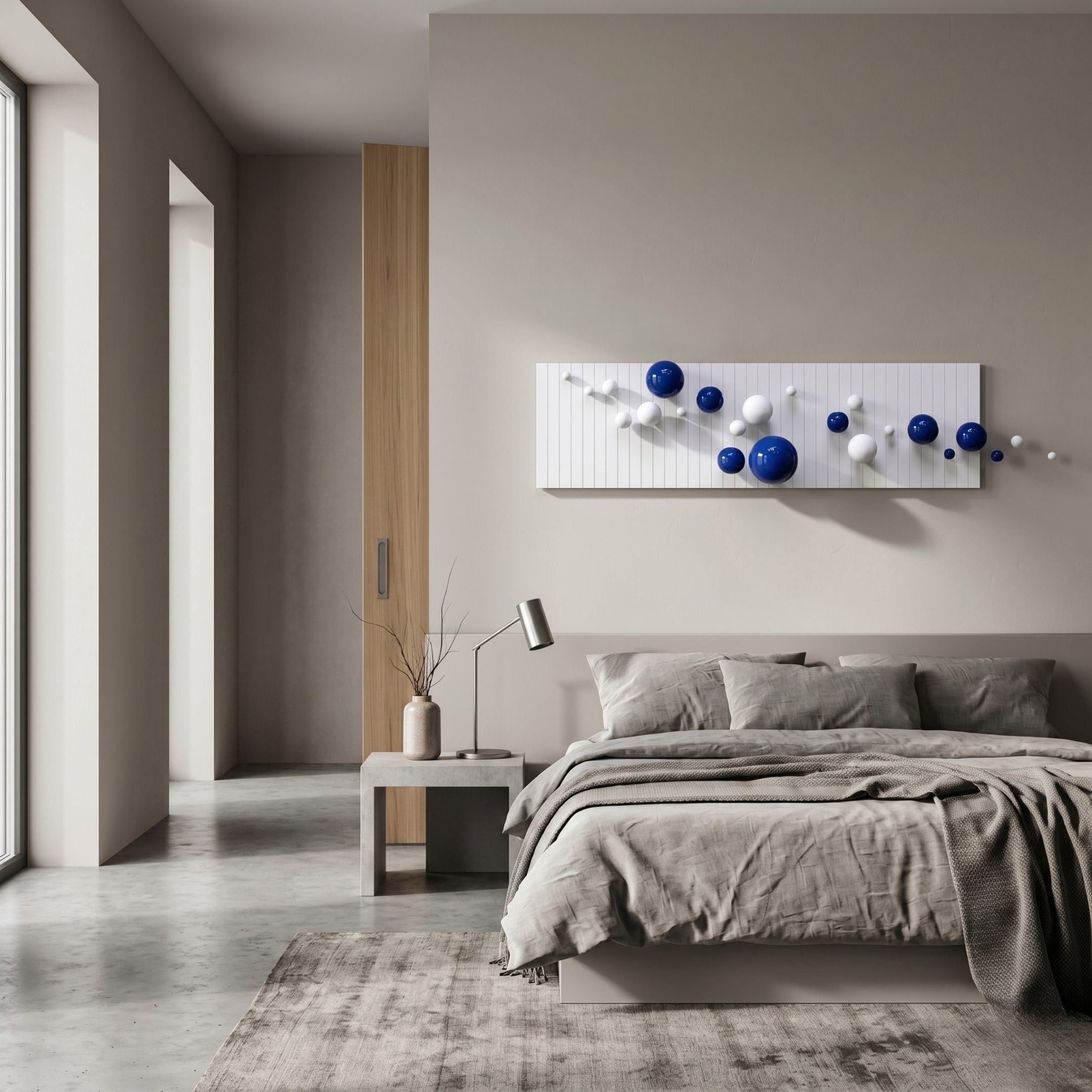 Orbivance Blue & White Sphere Panel 3D Wall Art mounted above a grey linen bed in a modern bedroom with concrete floor and wooden door.