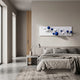 Orbivance Blue & White Sphere Panel 3D Wall Art mounted above a grey linen bed in a modern bedroom with concrete floor and wooden door.