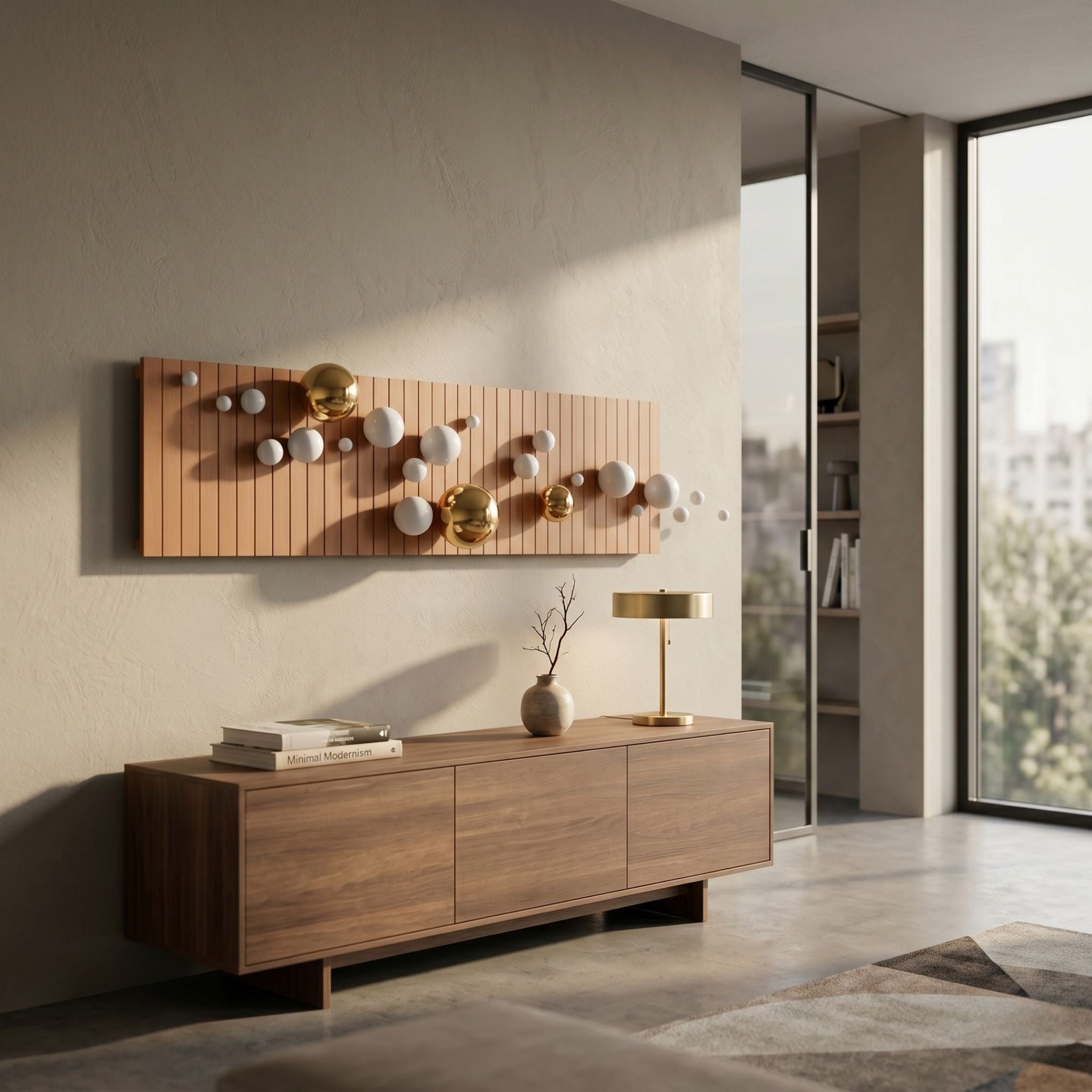 Orbivance Amber, Gold & White Sphere Panel 3D Wall Art by Giant Sculptures, mounted above a walnut sideboard with a brass lamp in a sunlit modern living room.