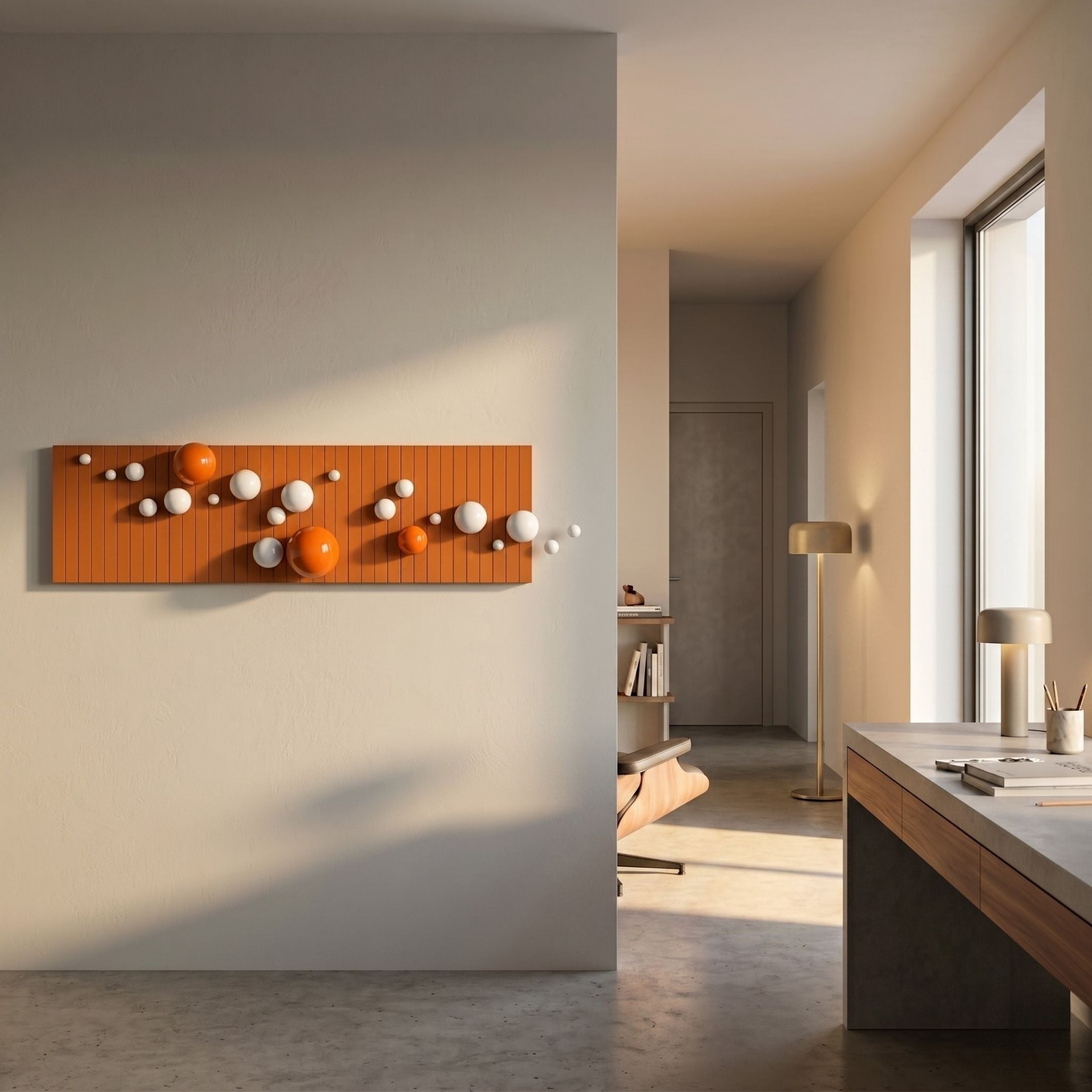 Orbivance Orange & White Sphere Panel 3D Wall Art by Giant Sculptures mounted in a sunlit modern hallway near a wooden desk and floor lamp.