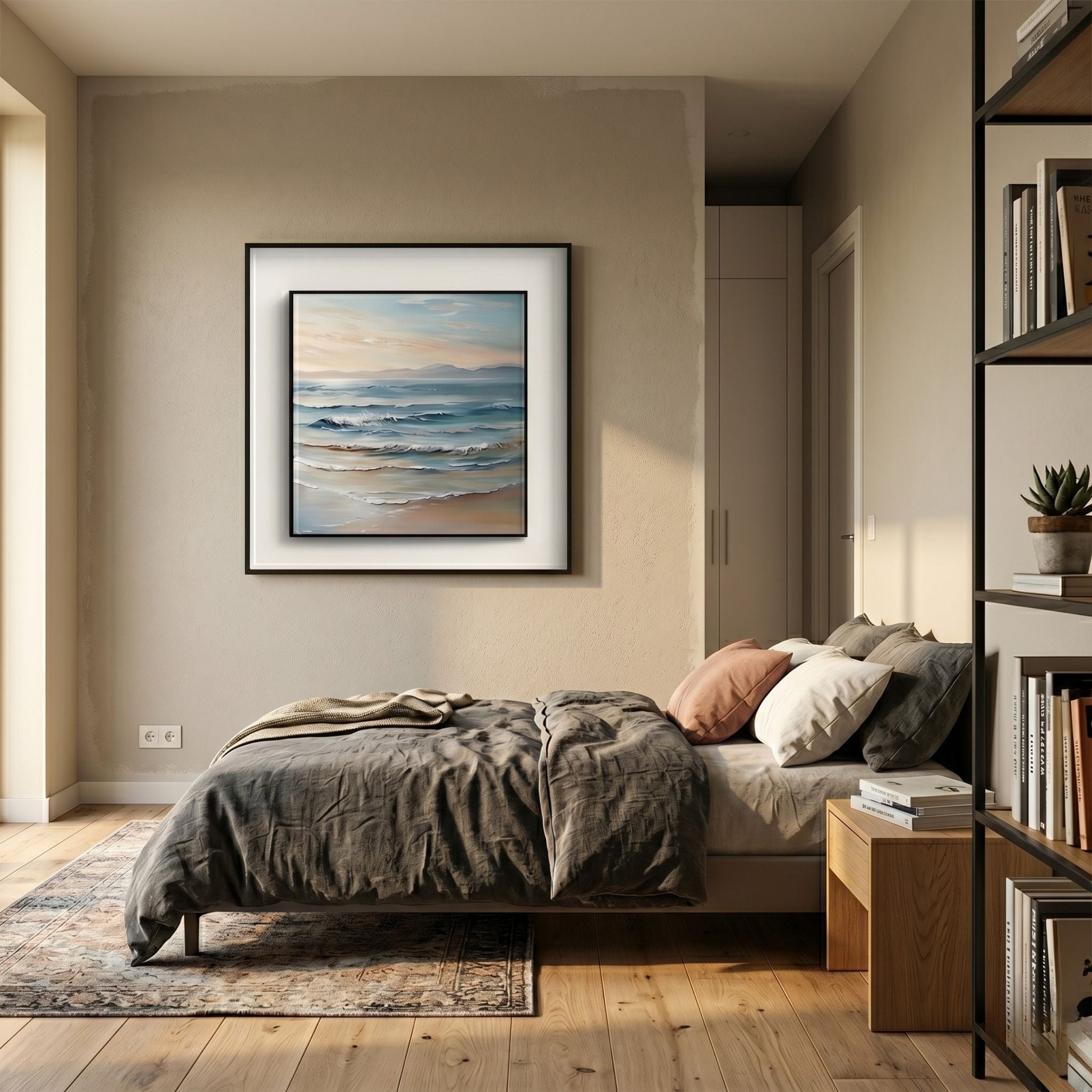 Marilline III Calm Coastal View Double Framed Wall Art by Giant Sculptures hung above a bed with grey linens in a neutral Nordic-style bedroom.