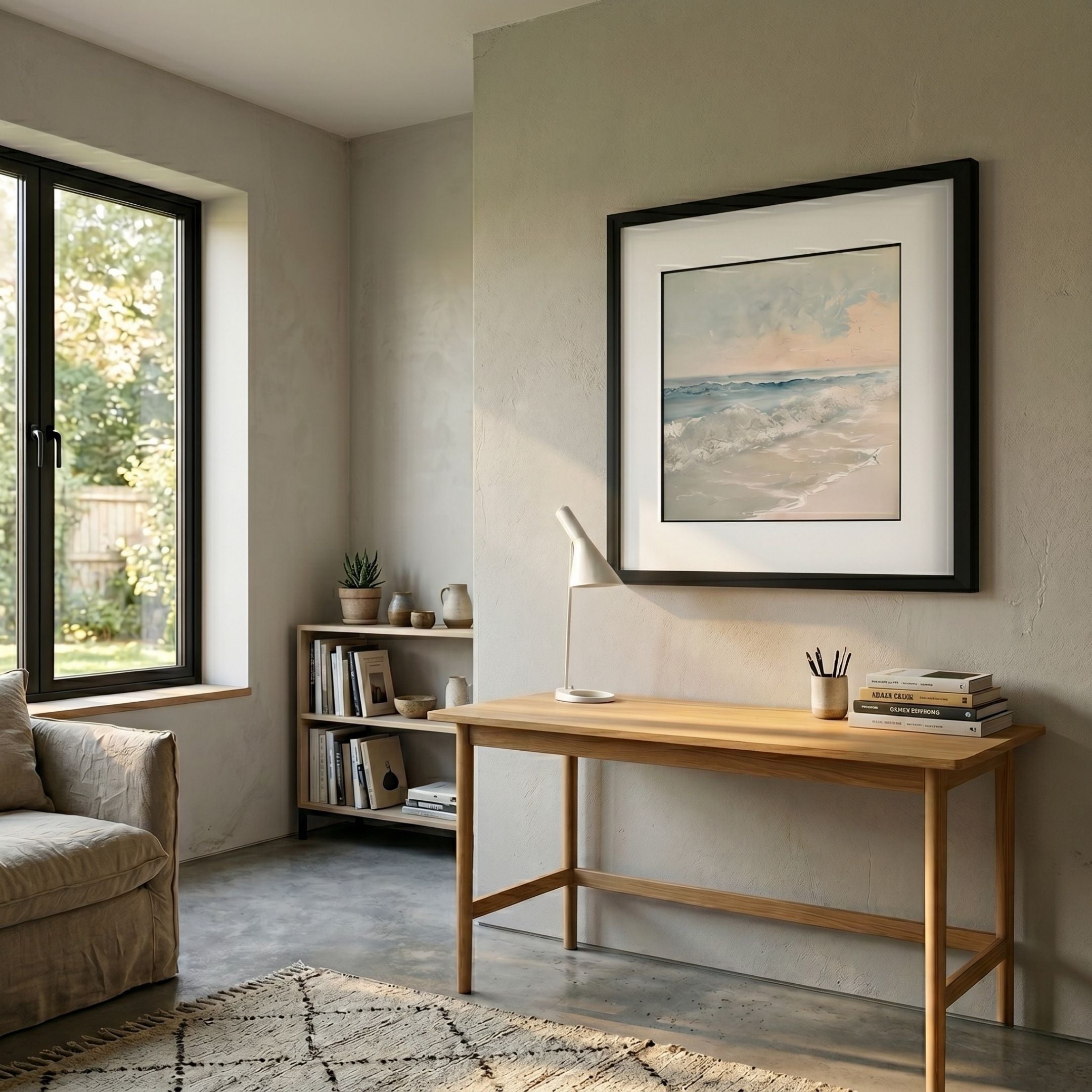 Tidalume IV Soft Dawn Shoreline Double Framed Wall Art by Giant Sculptures hung above a wooden desk in a Nordic-style study with window and bookshelf.