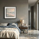 Tidalume I Soft Dawn Shoreline Double Framed Wall Art by Giant Sculptures hung above a linen bed and walnut nightstand in a grey modern bedroom.