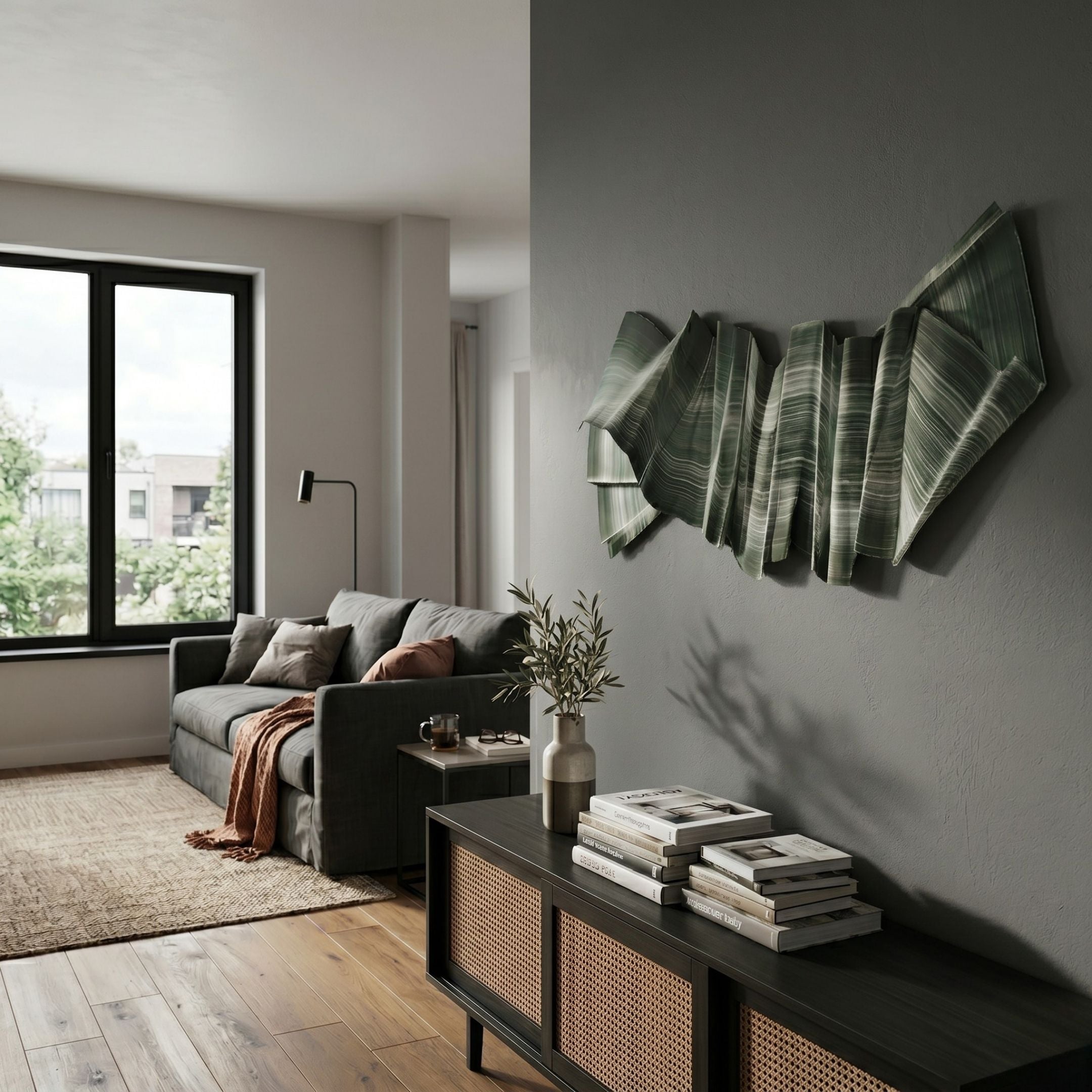Vellun Wave Sage Flow Sculptural Hand-Painted 3D Wall Art by Giant Sculptures, with green striped ribbon folds mounted on a grey wall above a cane-front sideboard.