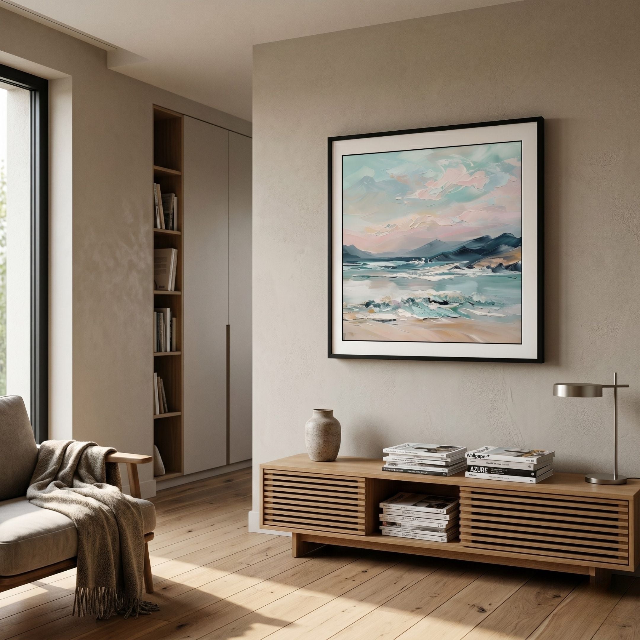 Marilline I Calm Coastal View Double Framed Wall Art by Giant Sculptures hung above a wooden sideboard in a Nordic living room with a beige armchair.