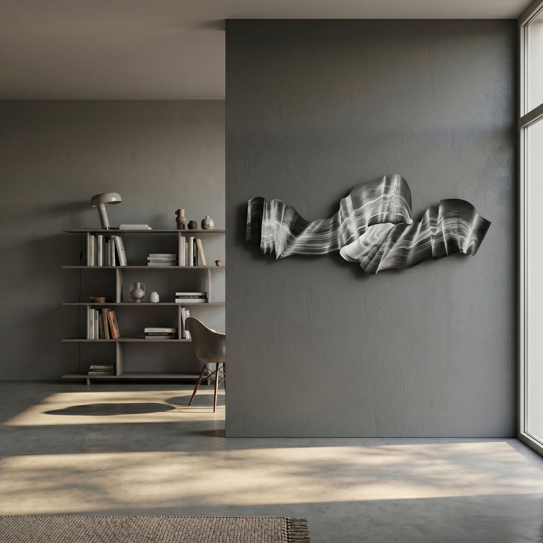 Vellun Wave Forest Shadow Sculptural 3D Wall Art in monochrome layered ribbons mounted on a grey wall in a modern living room with bookshelf.