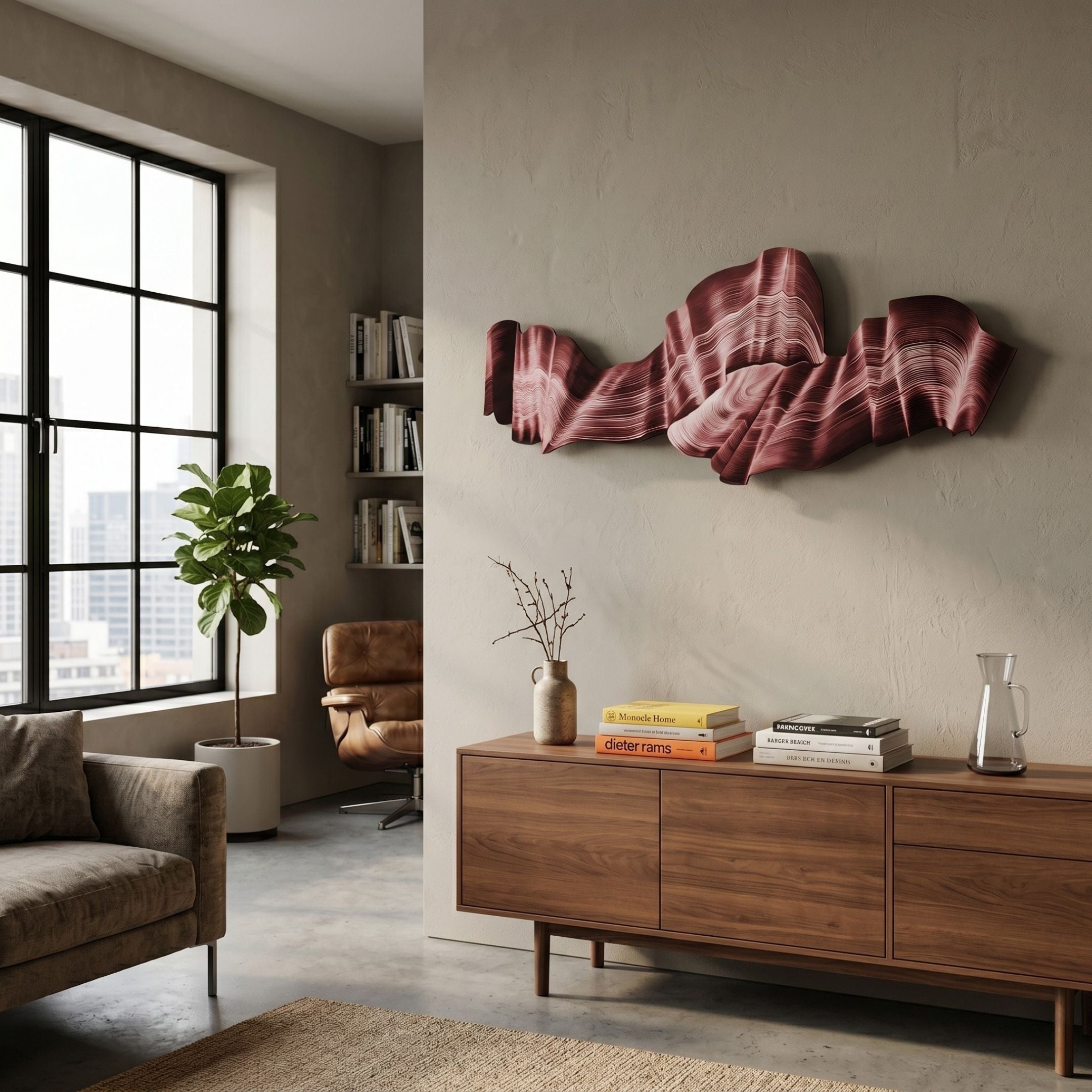 Vellun Wave Rosewood Sculptural 3D Wall Art with layered maroon and blush ribbons mounted above a walnut sideboard in a modern living room.
