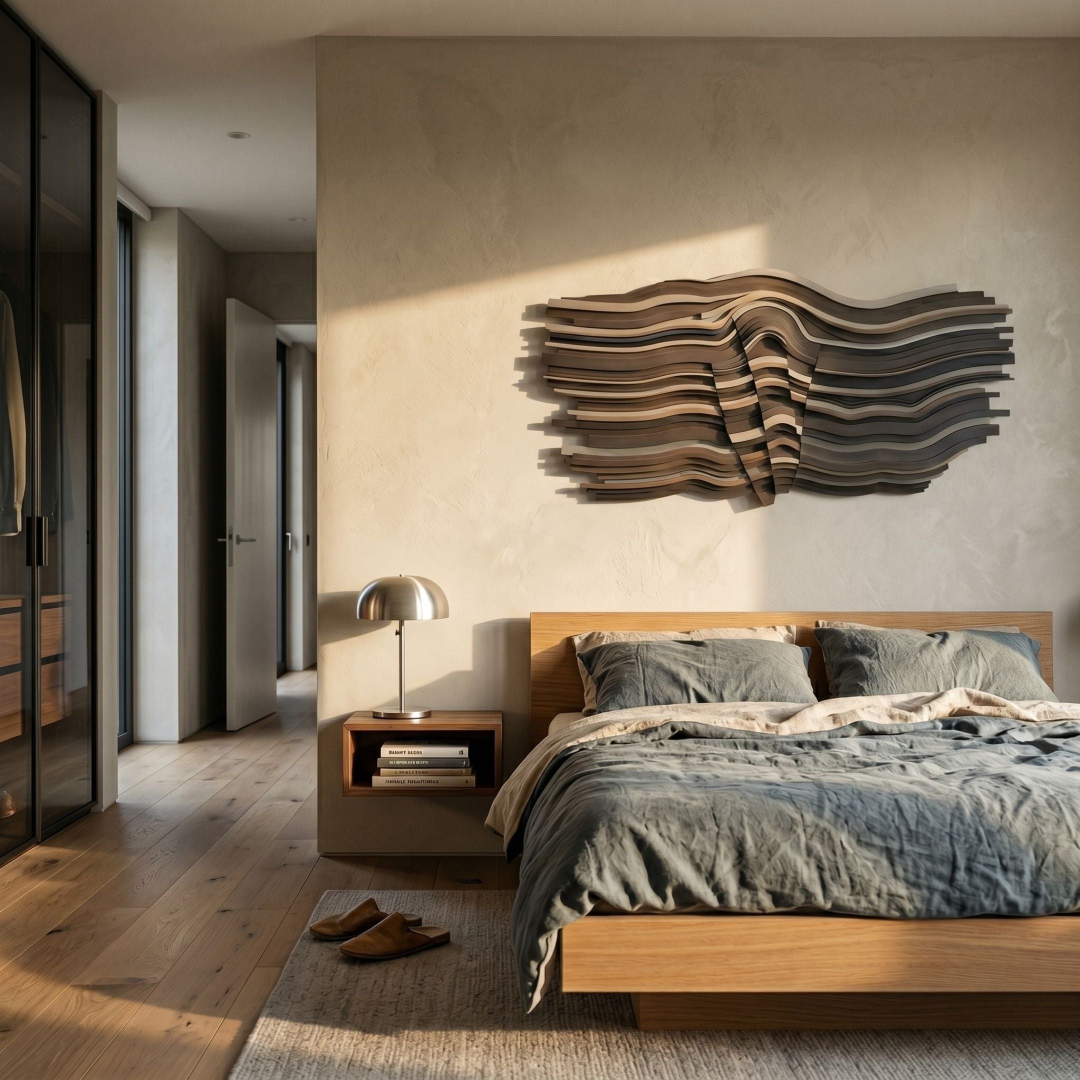 Stratava Driftwave Layered Wood Carving 3D Wall Art mounted above a wooden bed with grey linen bedding, nightstand, and lamp in a modern bedroom.