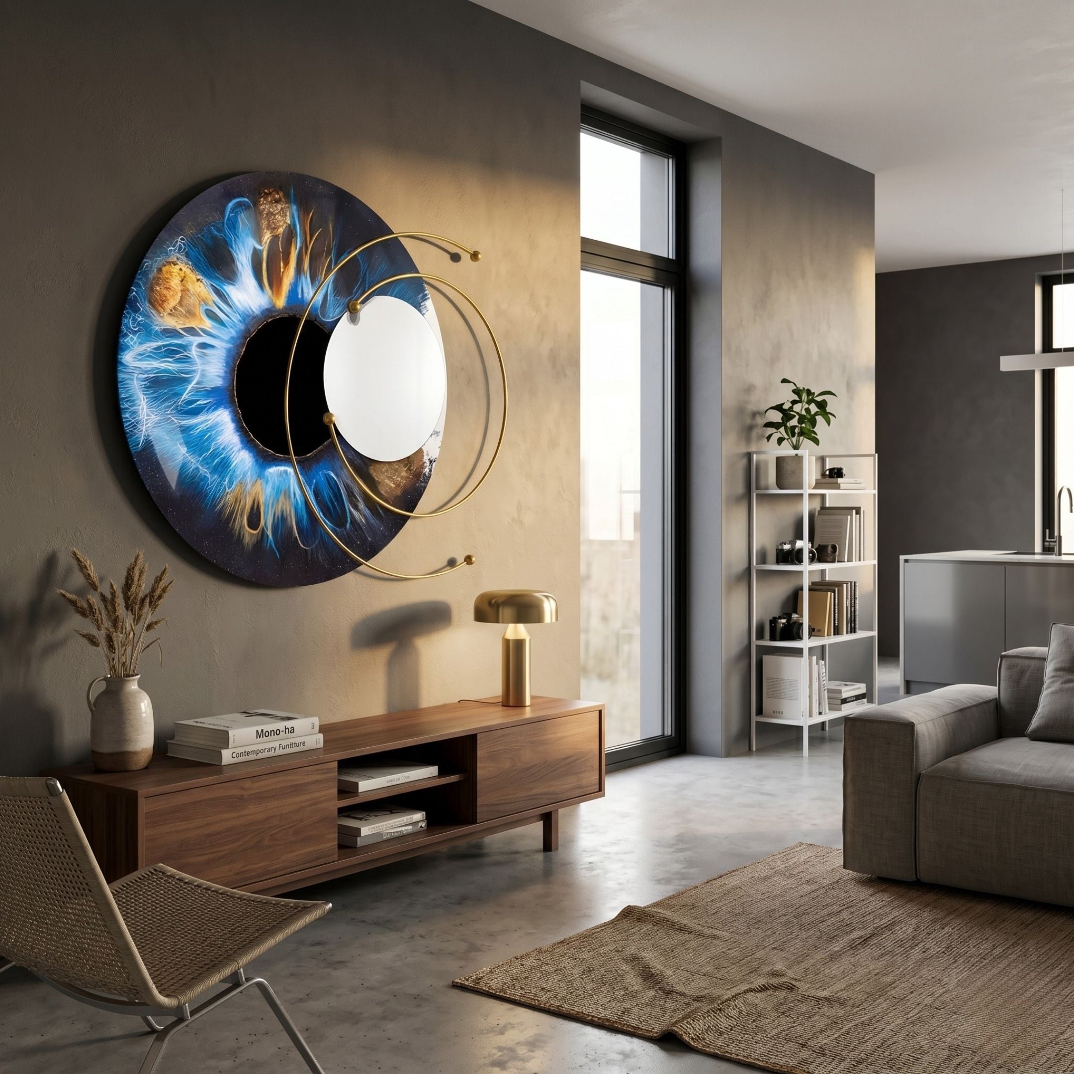 Aurelios Cosmic Blue Crystal Porcelain & Gold Orbit 3D Wall Art mounted above a walnut console in a modern living room with grey sofa and window.