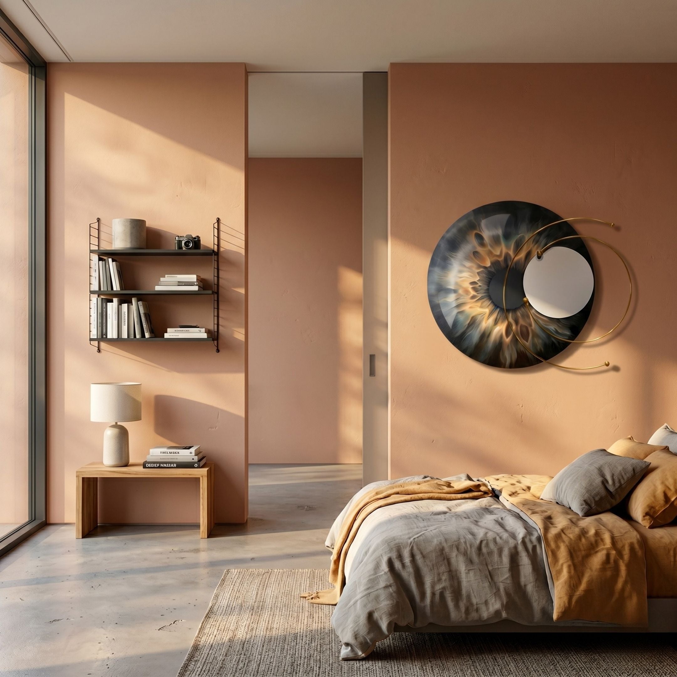 Aurelios Amber Flare Crystal Porcelain & Gold Orbit 3D Wall Art by Giant Sculptures mounted on a peach bedroom wall above a bed with grey and amber linen.