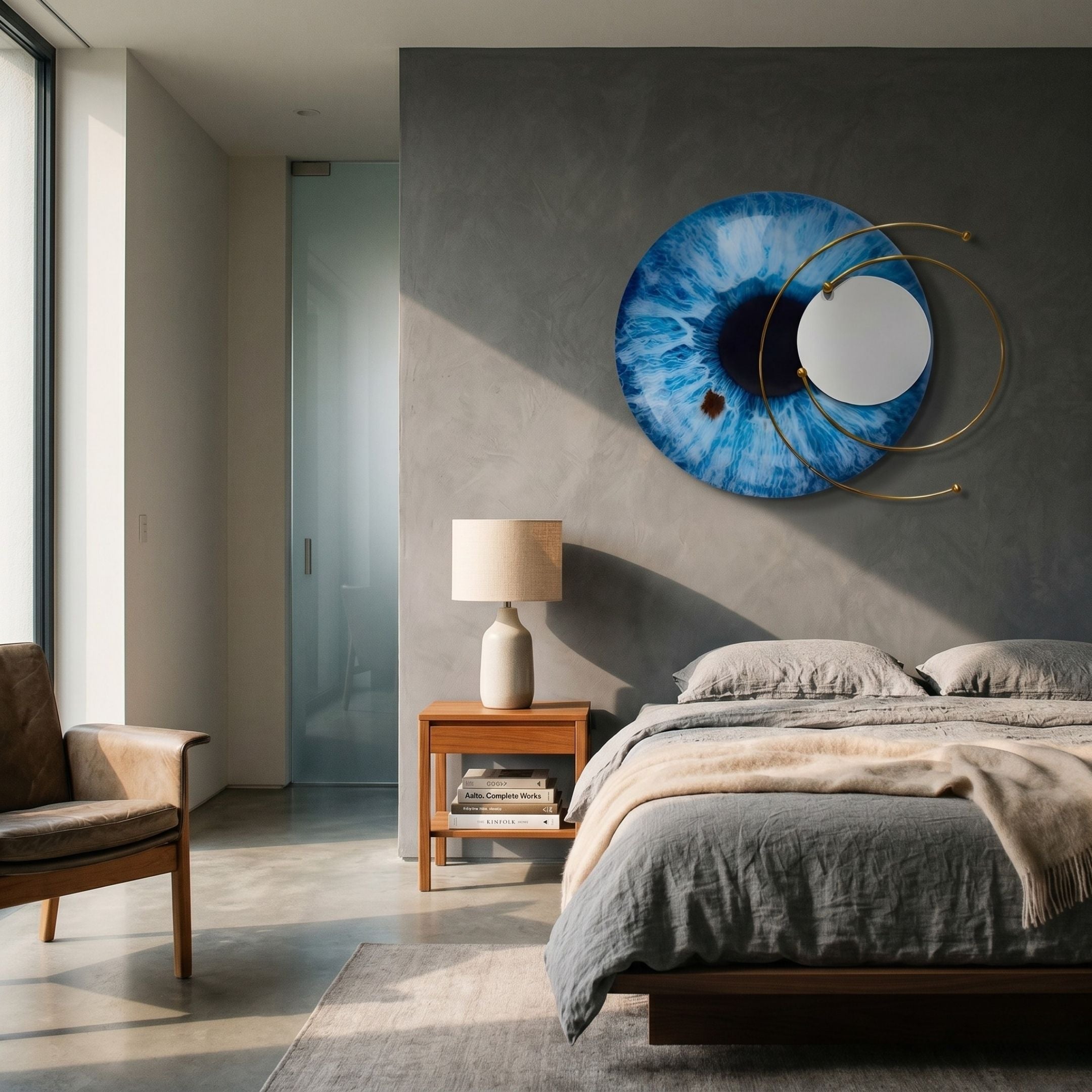 Aurelios Arctic Blue Iris Crystal Porcelain & Gold Orbit 3D Wall Art mounted above a wooden nightstand in a modern bedroom with grey linen bedding.