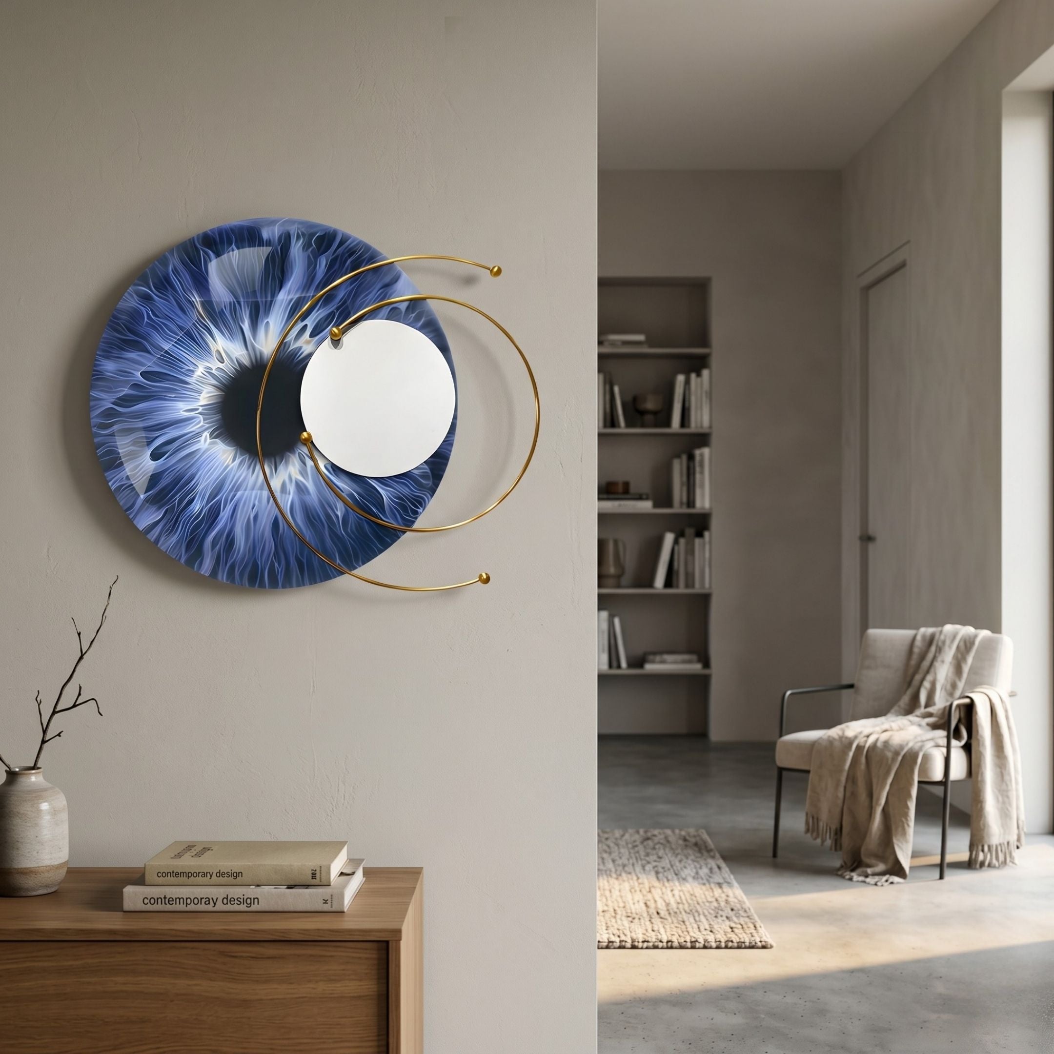 Aurelios Sapphire Iris Crystal Porcelain & Gold Orbit 3D Wall Art by Giant Sculptures mounted above a wooden console in a neutral modern hallway.