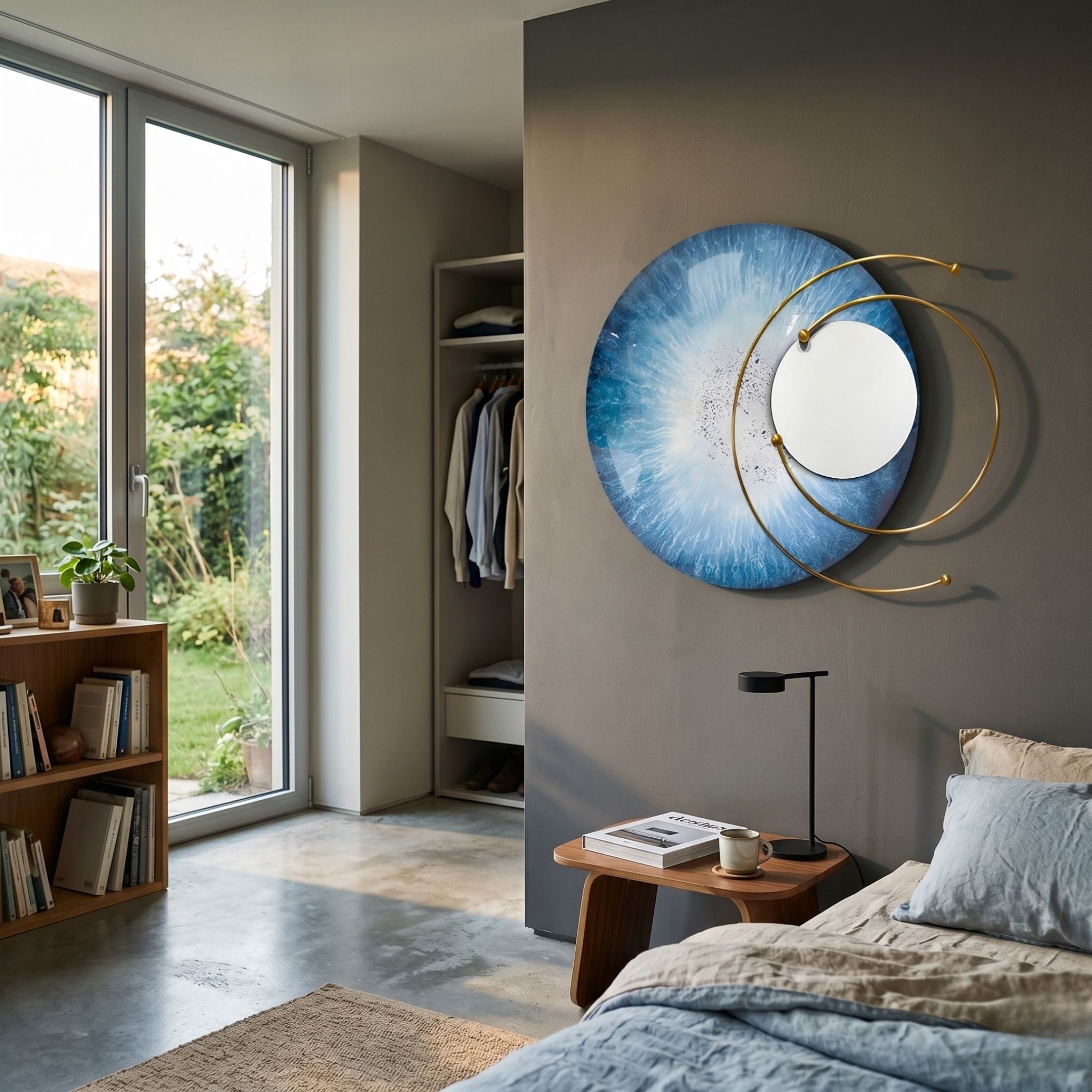 Aurelios Ice Blue Crystal Porcelain & Gold Orbit 3D Wall Art by Giant Sculptures mounted on a grey bedroom wall beside a bed, side table, and garden window.