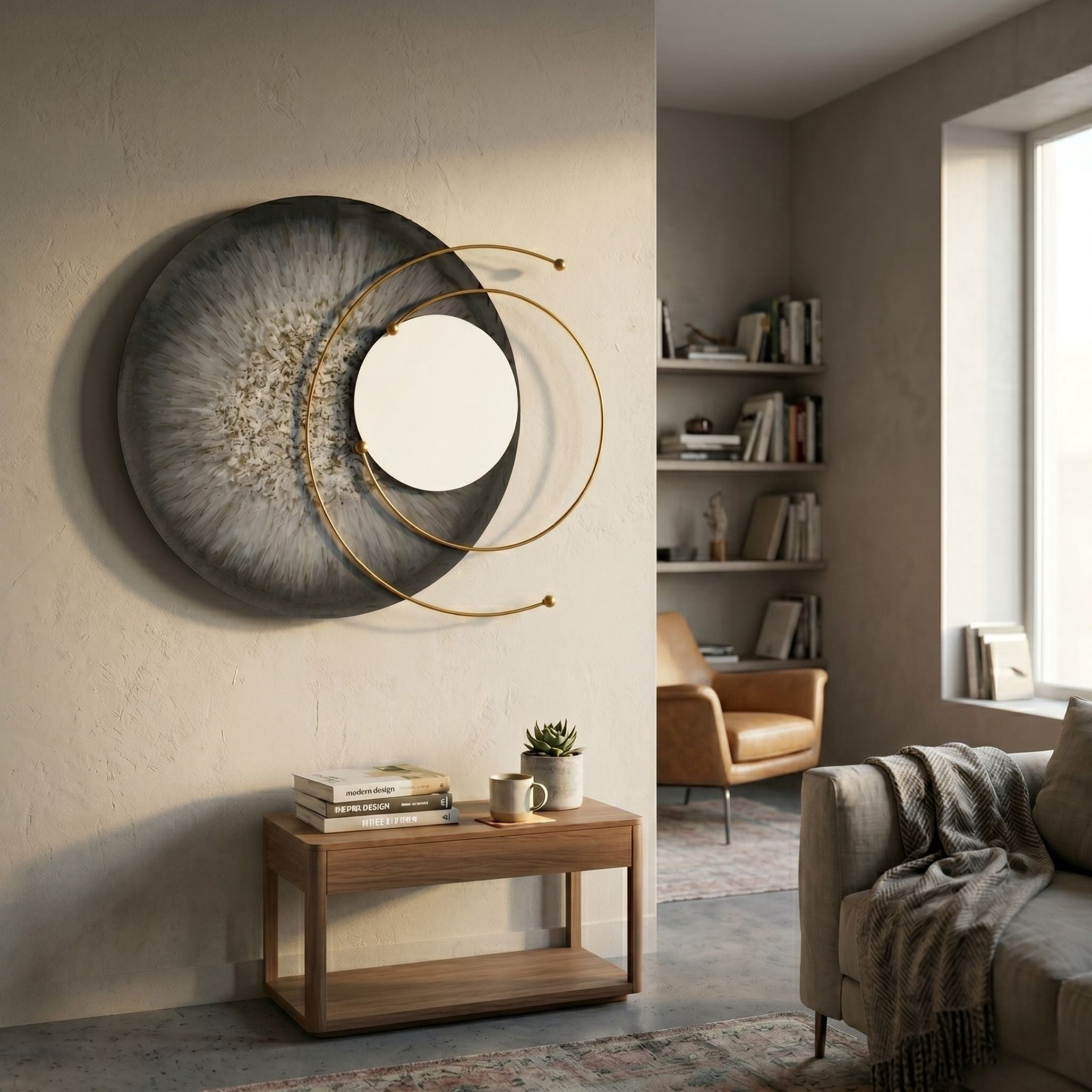 Aurelios Frost Grey Crystal Porcelain & Gold Orbit 3D Wall Art by Giant Sculptures mounted above a wooden console table in a neutral living room.